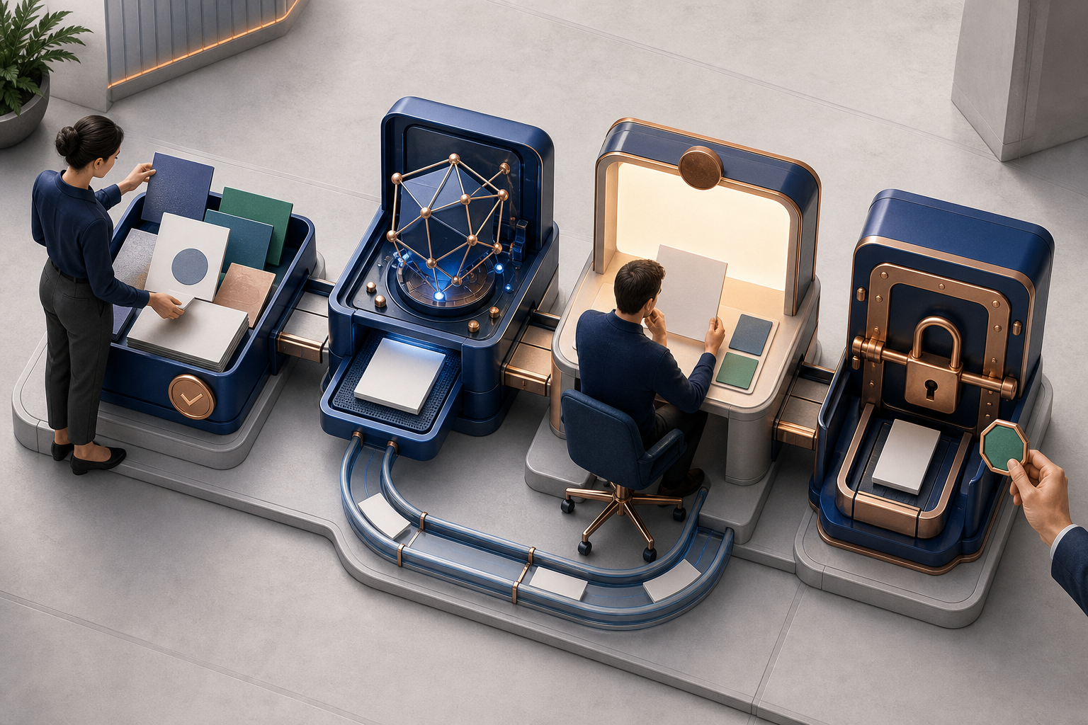 Campaign assets move from human-supplied sources through AI drafting and human review to a locked final action gate, with channels returning corrections to the draft stage.