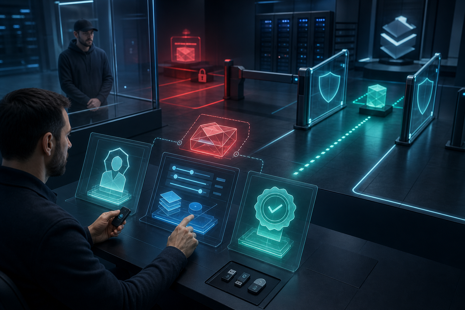 An approver independently checks identity, campaign settings, and billing permissions while a suspicious request is blocked by a security gate.