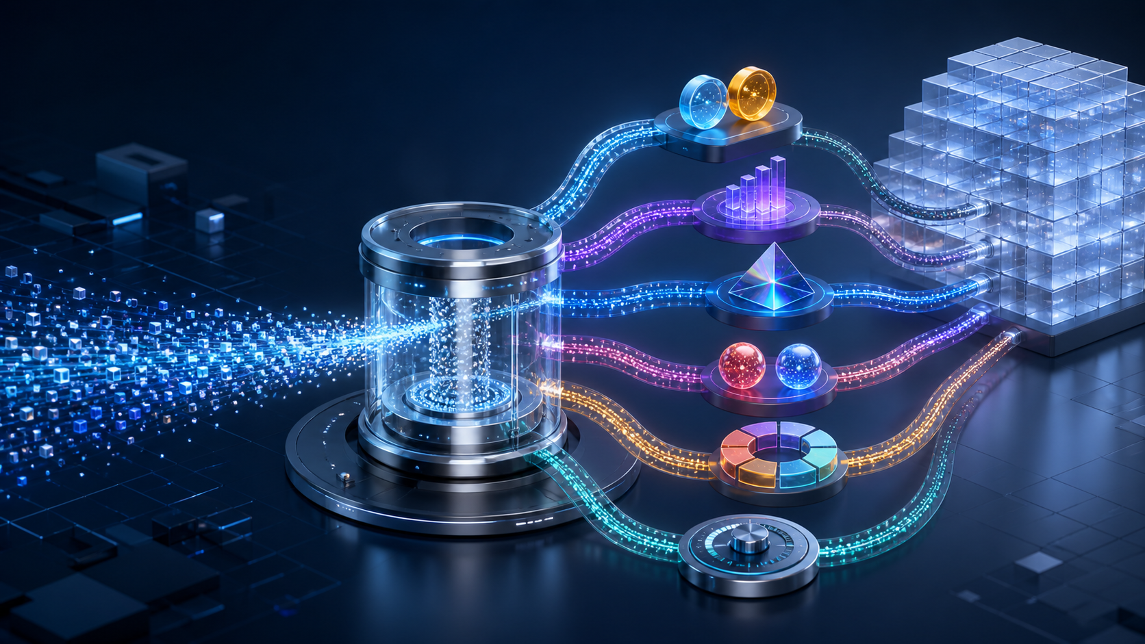 An abstract measurement hub separates a stream of data into six color-coded pathways leading toward a translucent data warehouse.