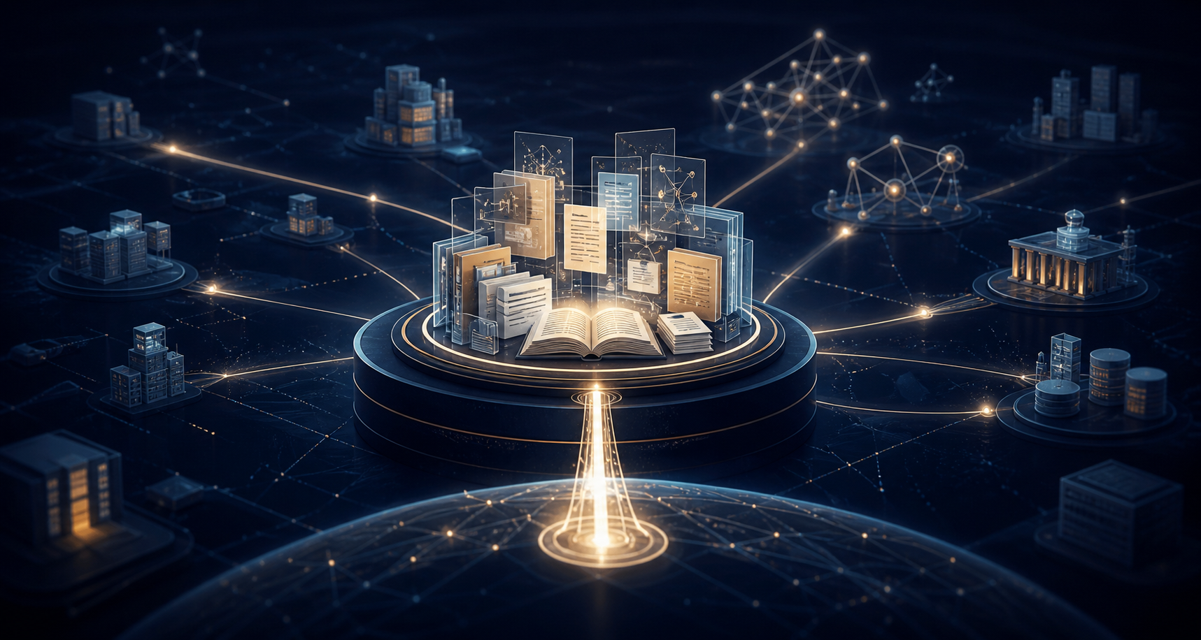 A luminous central archive sends evidence through a network of abstract AI and publishing nodes that connect back to the source.