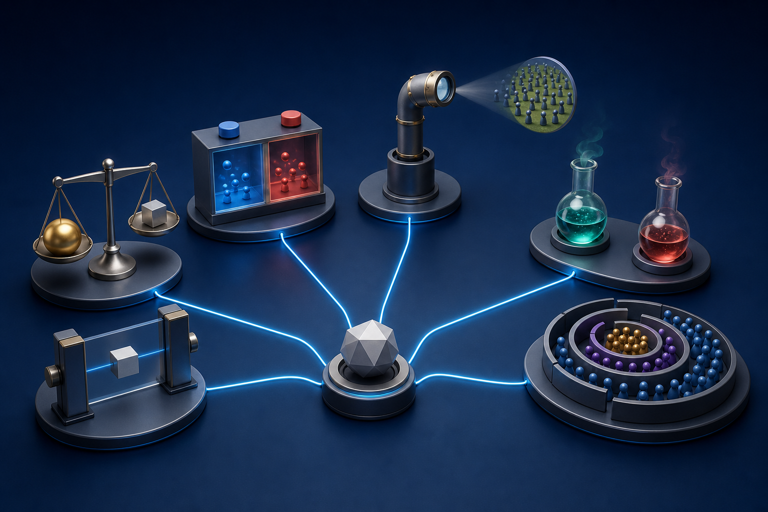 Six separate measurement workstations examine different signals from one central data source using distinct instruments.