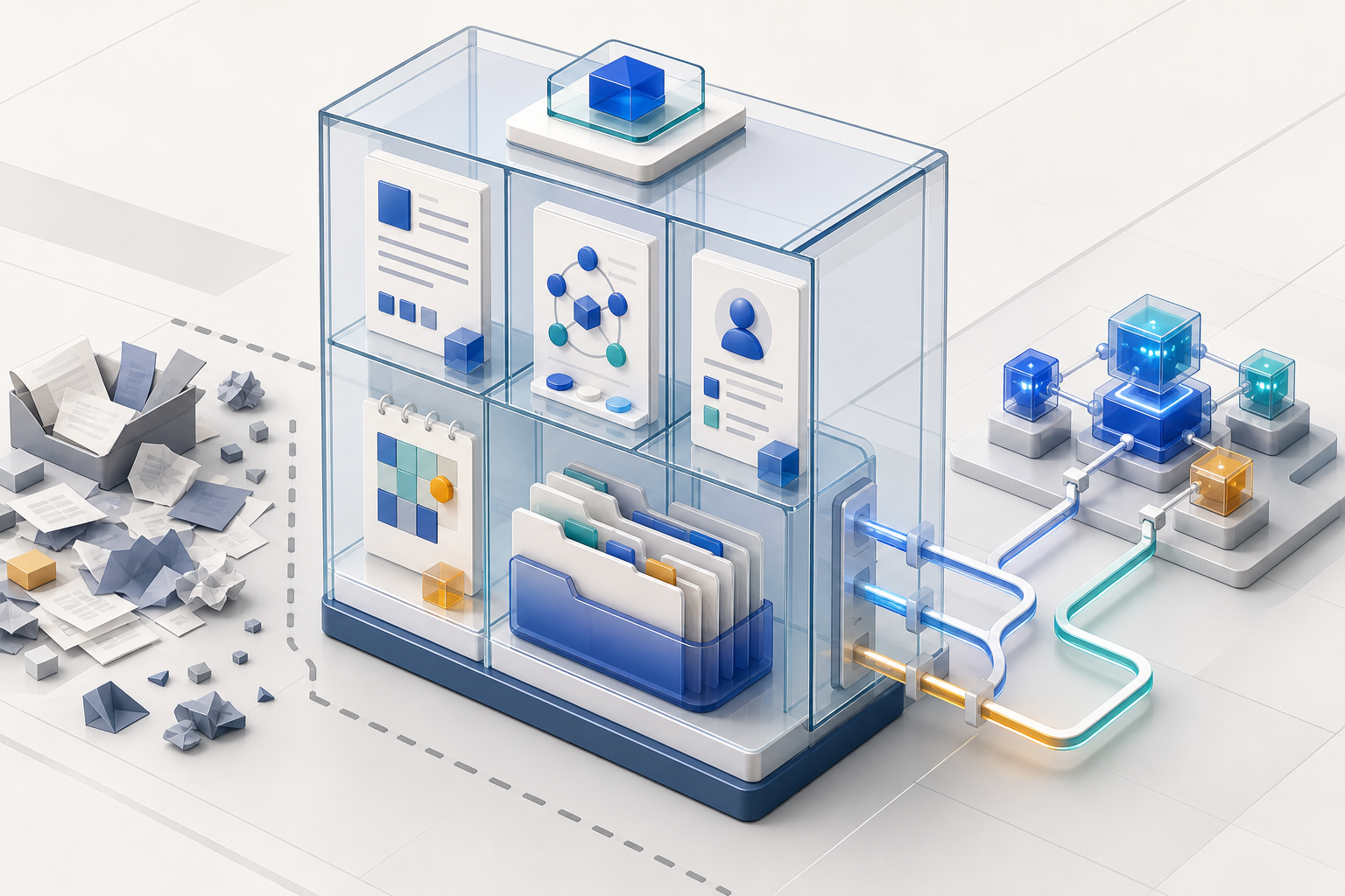 An organized digital knowledge cabinet connects structured documents and records to a cluster of abstract AI nodes.