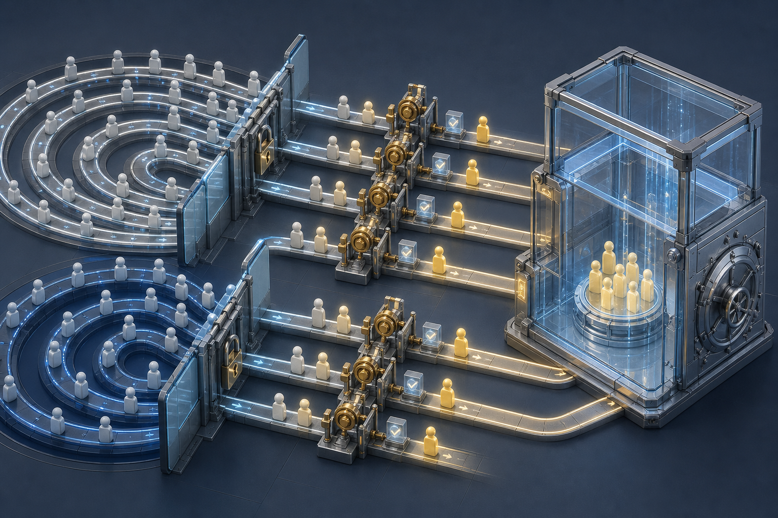 Concentric groups of customer tokens pass through adjustable rule gates into a transparent value-measurement chamber.