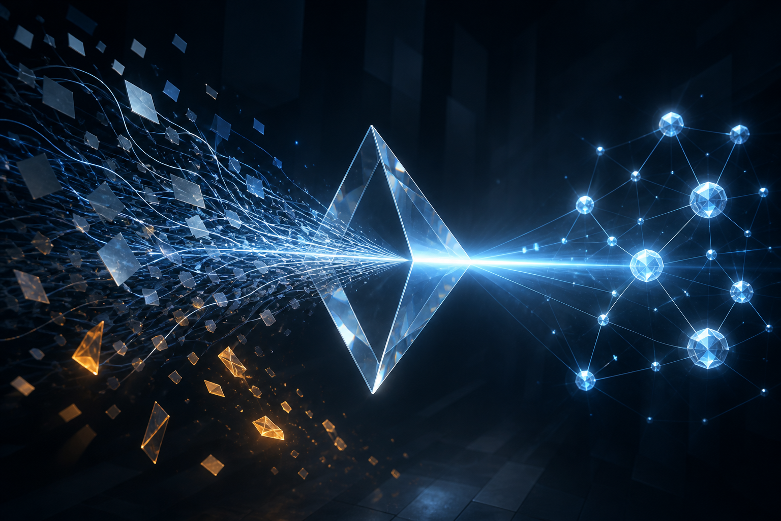 A glowing crystal prism turns tangled streams of digital fragments into a single clear beam leading to connected answer nodes.