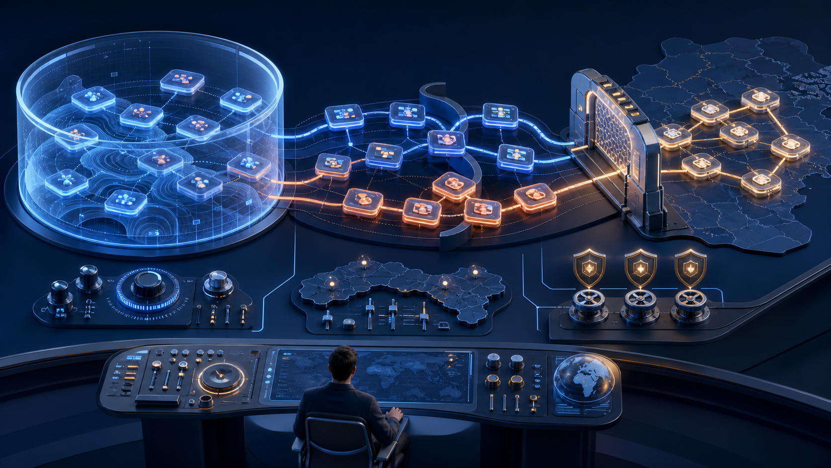 A strategist monitors connected search campaign tiles moving through forecasting, split testing, and controlled rollout stages.
