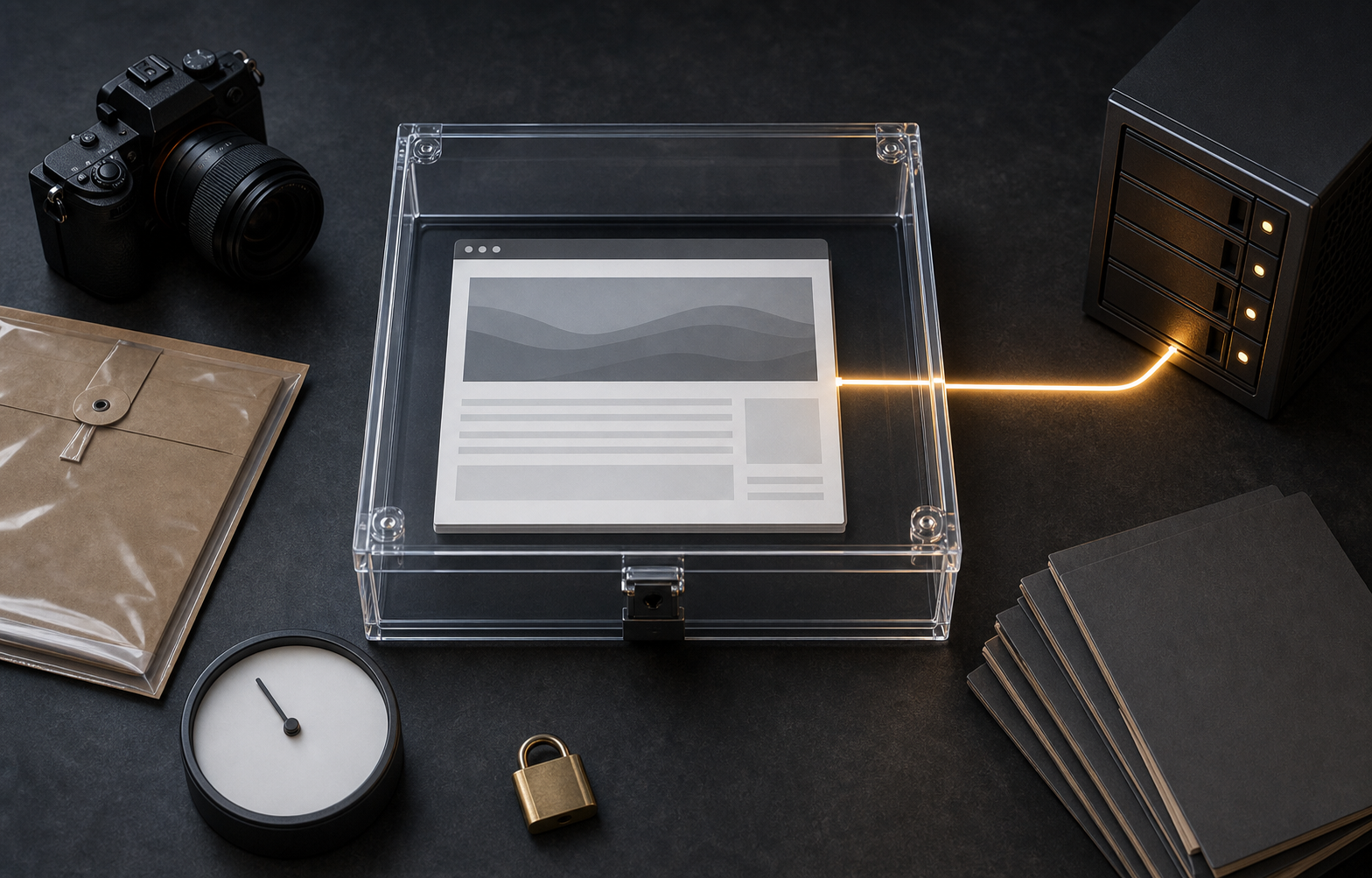 A generic web page sits in a transparent evidence case beside a camera, envelope, clock, padlock, and source-file folders.