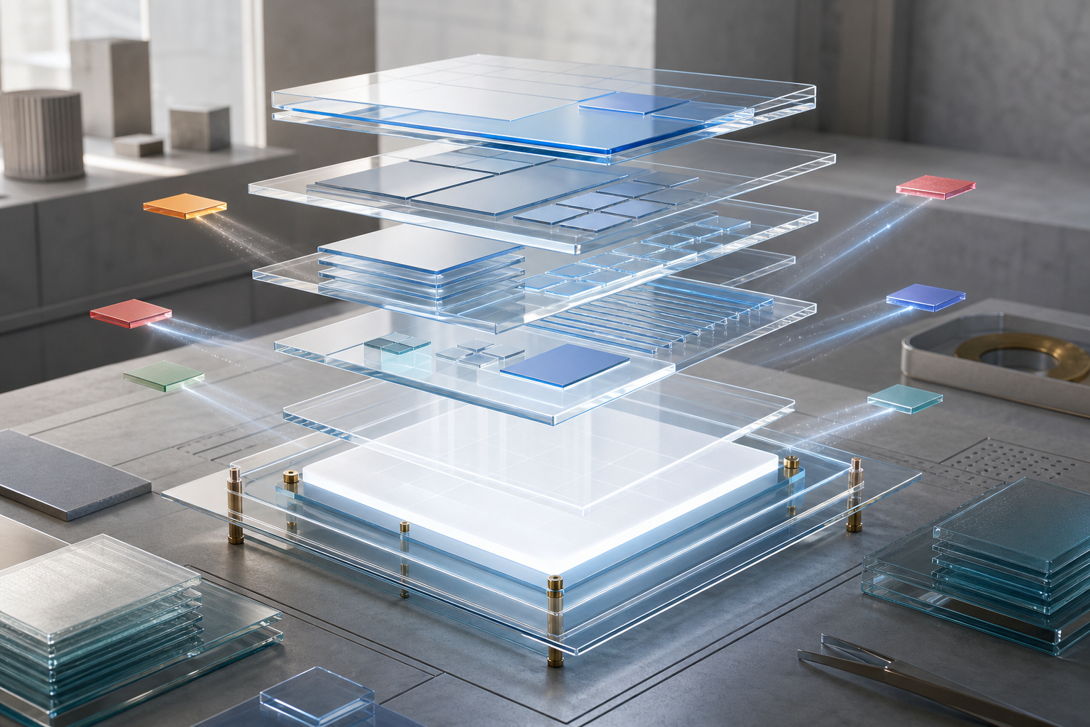 Translucent information layers align above a glowing central plate while conflicting fragments remain at the edges.
