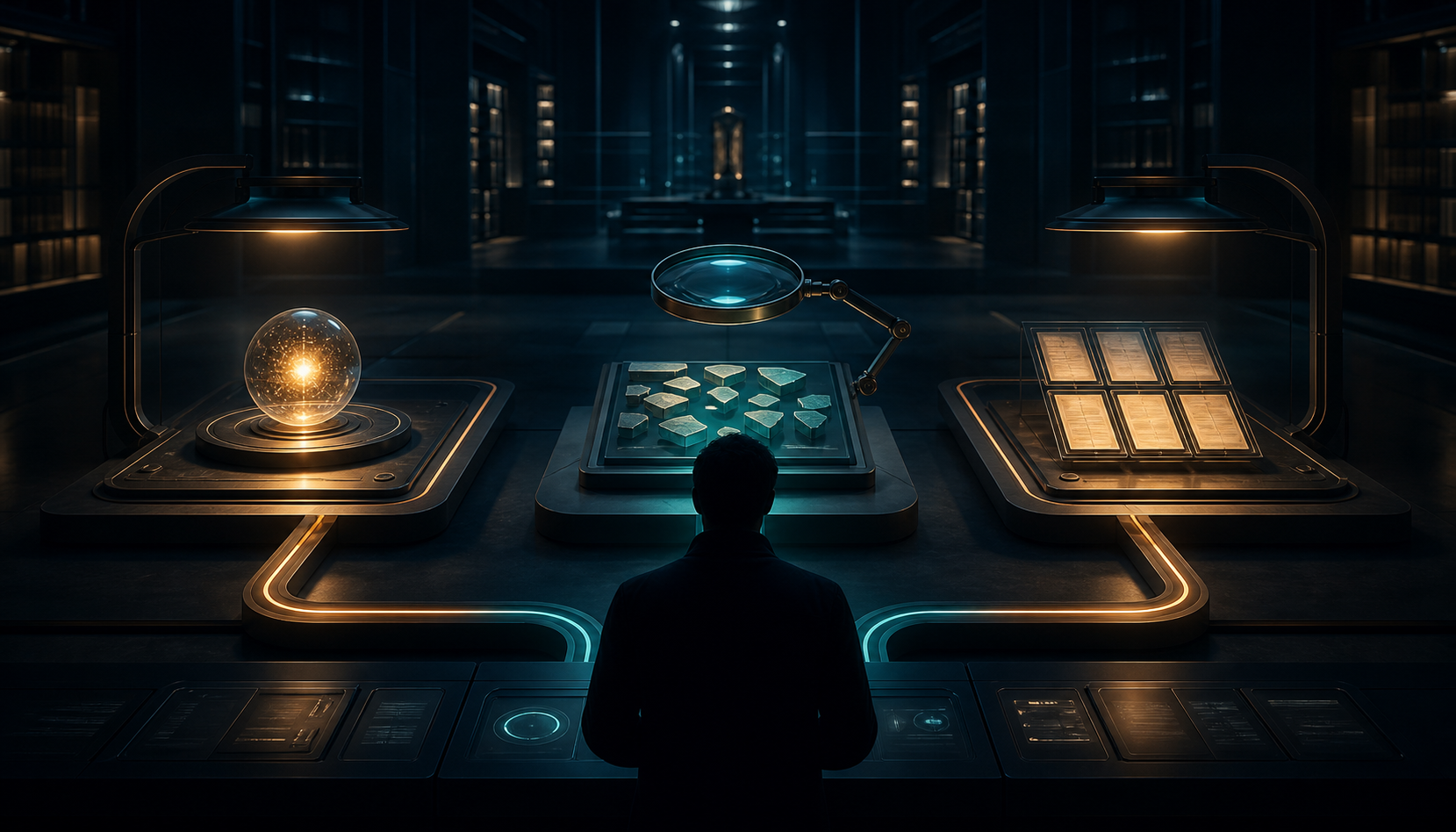 An anonymous editor examines an answer orb, separate claim fragments, and source-page tiles at three connected audit stations.