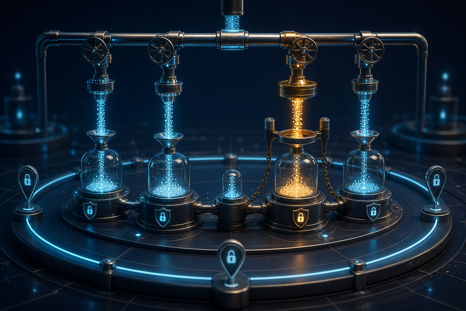 Measured streams of budget particles flow through controlled valves into a connected portfolio of campaign vessels.