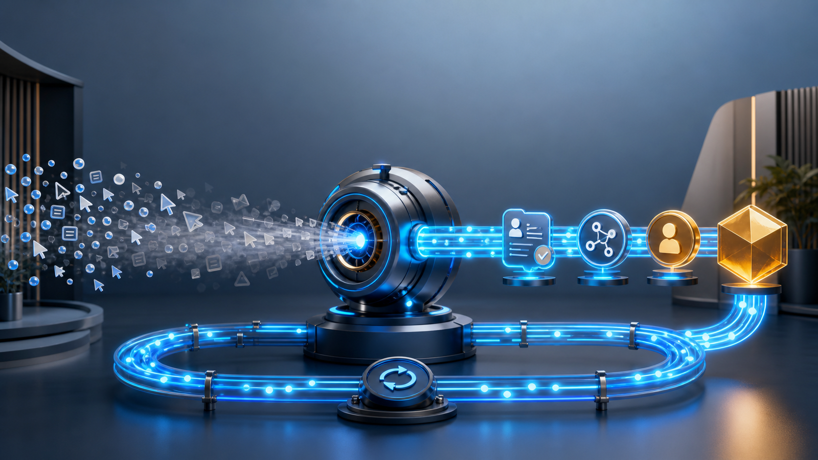 An automation engine receives ad interaction signals while a glowing closed loop connects campaign activity to qualified prospects, customers, and business value.