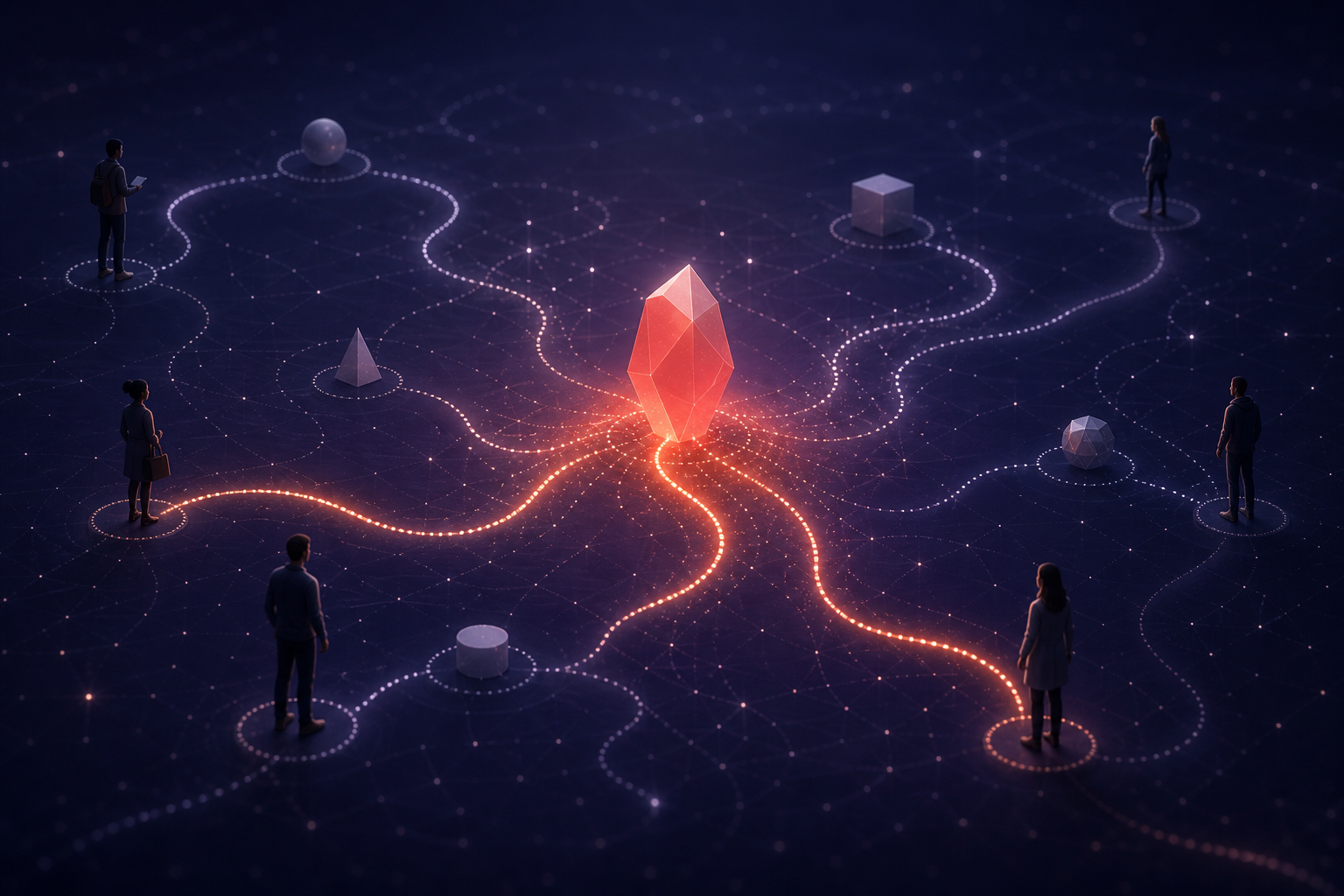 A glowing coral geometric beacon appears within a network of personalized pathways leading from several human silhouettes.