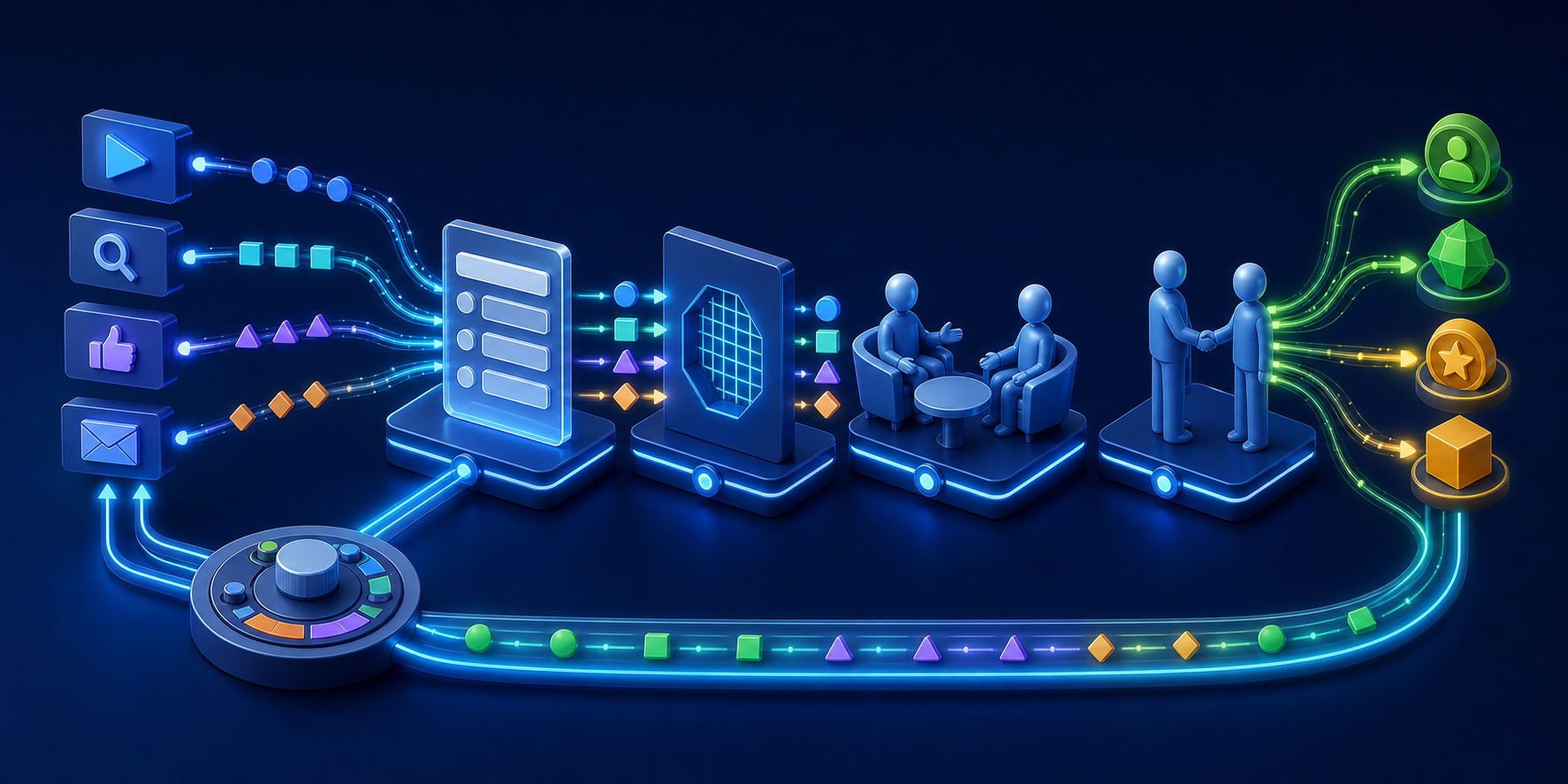 A glowing data pathway follows an ad interaction through qualification, a sales conversation, and a customer outcome before looping back to campaign controls.
