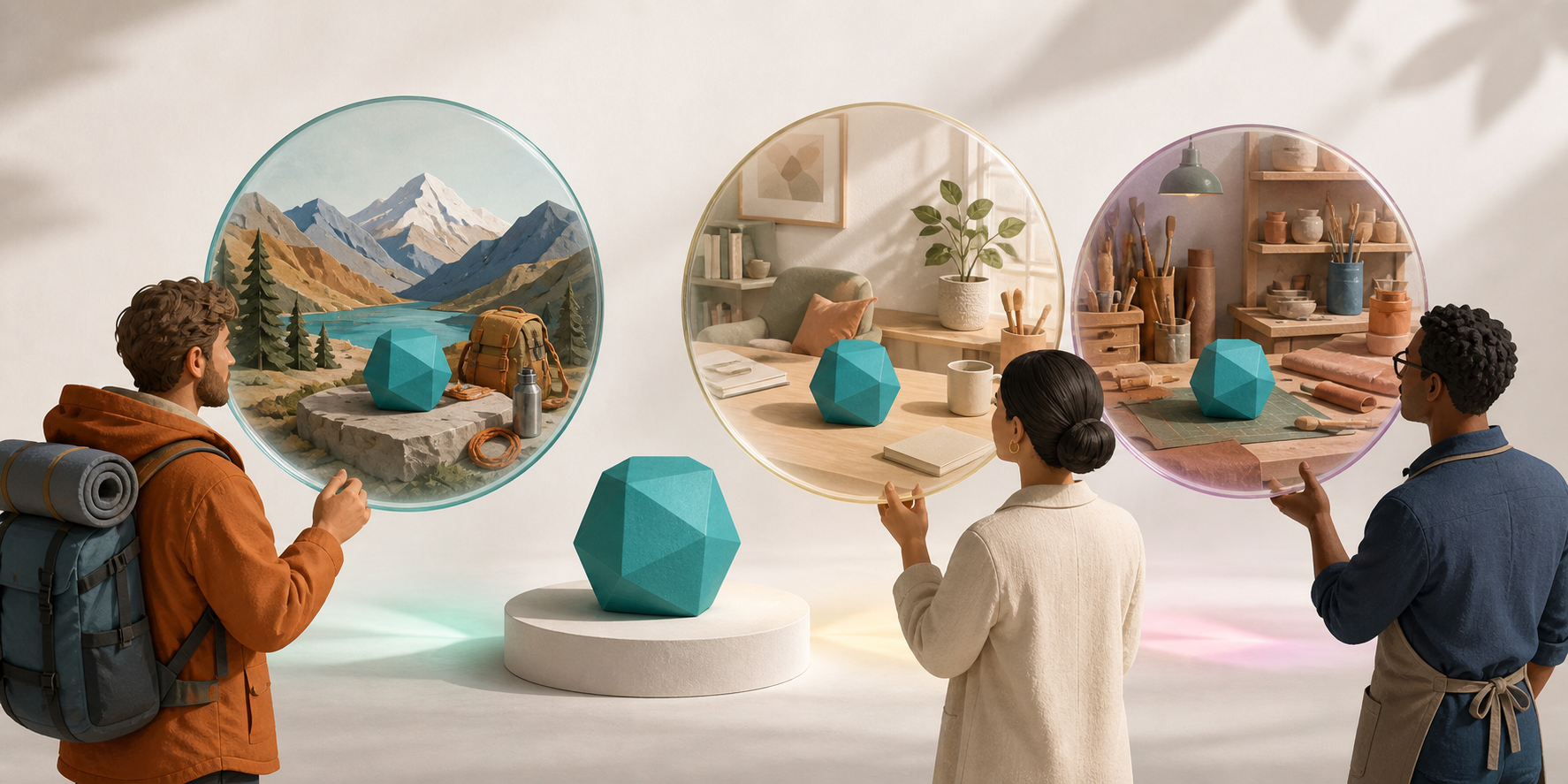 Three people view the same teal geometric object through lenses that reveal different settings, including nature, a home office, and a workshop.