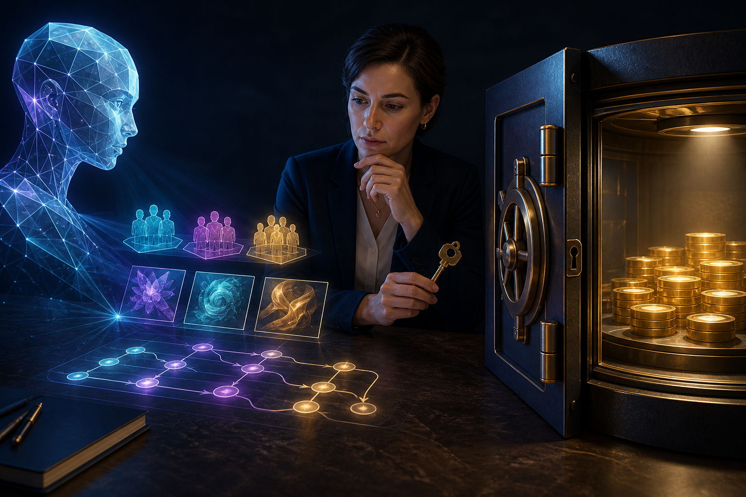A campaign operator reviews AI-generated test possibilities while a locked control gate keeps the analysis separate from a reservoir of budget tokens.