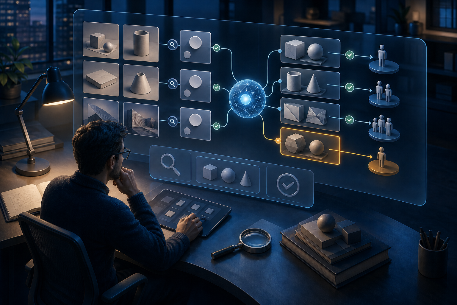 An analyst examines a text-free interface that connects source cards and product shapes to an AI orb and several audience profiles.