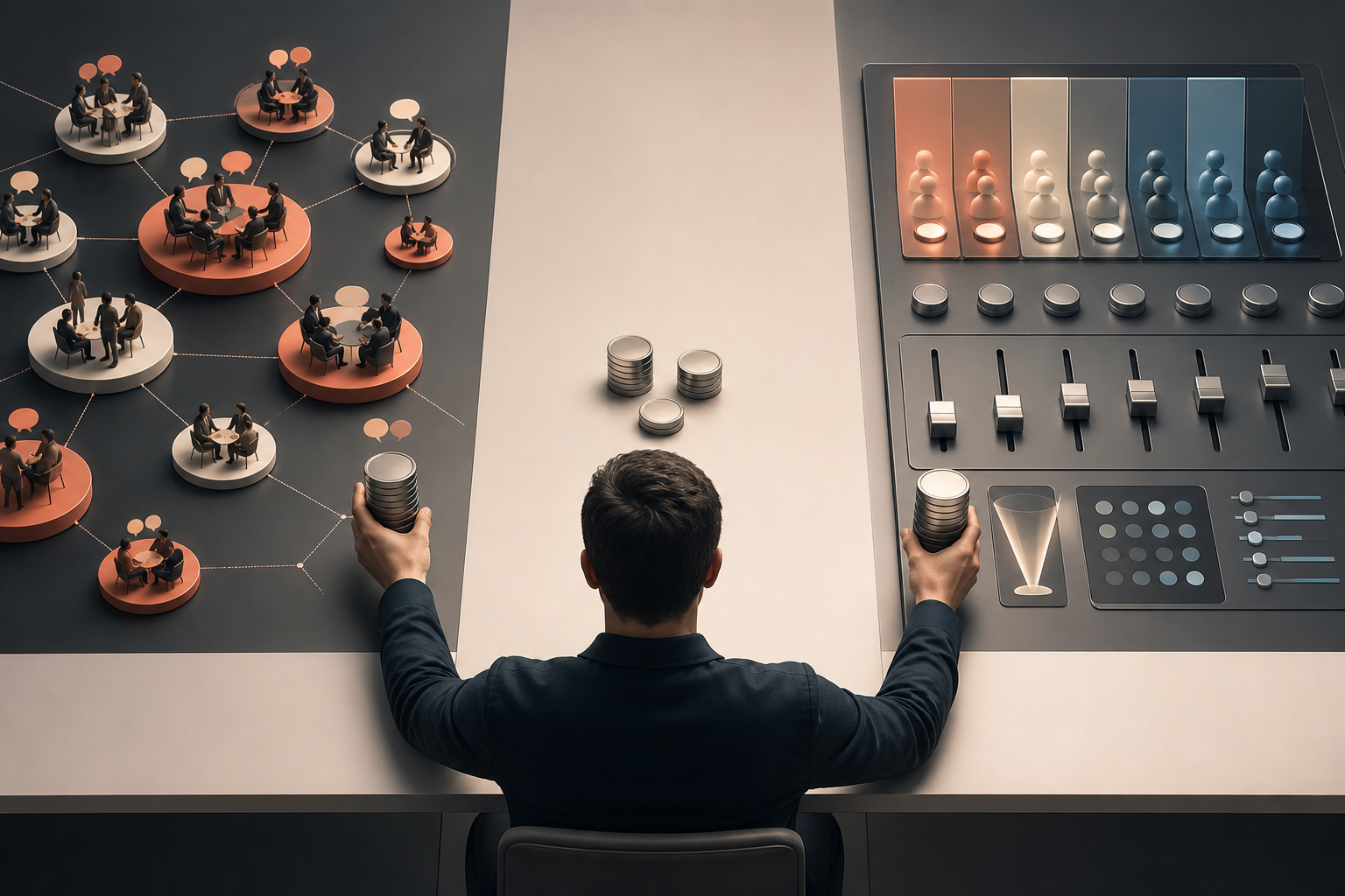 A marketer divides a limited stack of budget tokens between a network of online communities and a structured advertising control system.