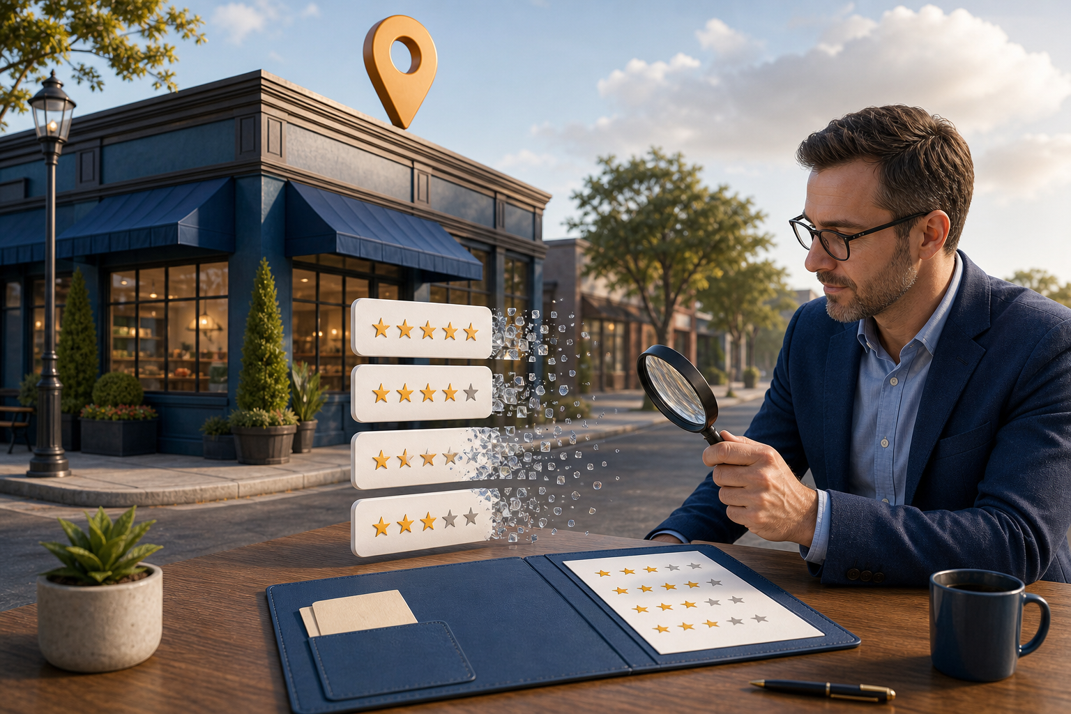 An analyst uses a magnifying glass to examine star-rating cards near a neighborhood storefront while two review cards fade away.