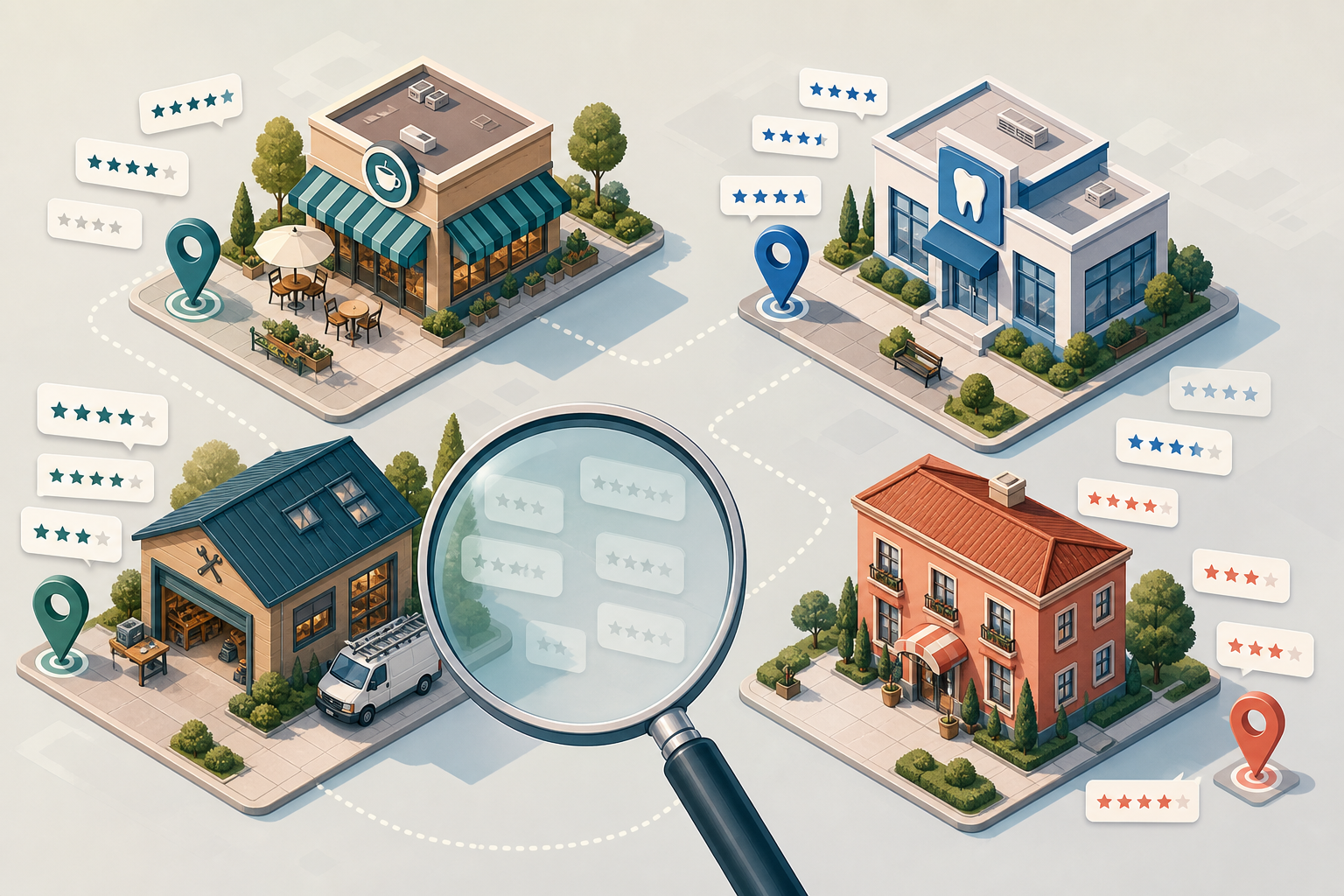 A stylized neighborhood map shows several types of local businesses with map pins and clusters of star-rating cards, some of which are faded or missing.