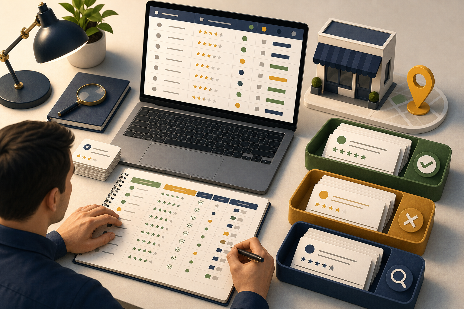 An analyst organizes star-rating cards into trays beside a laptop and paper audit log containing generic rows and status symbols.