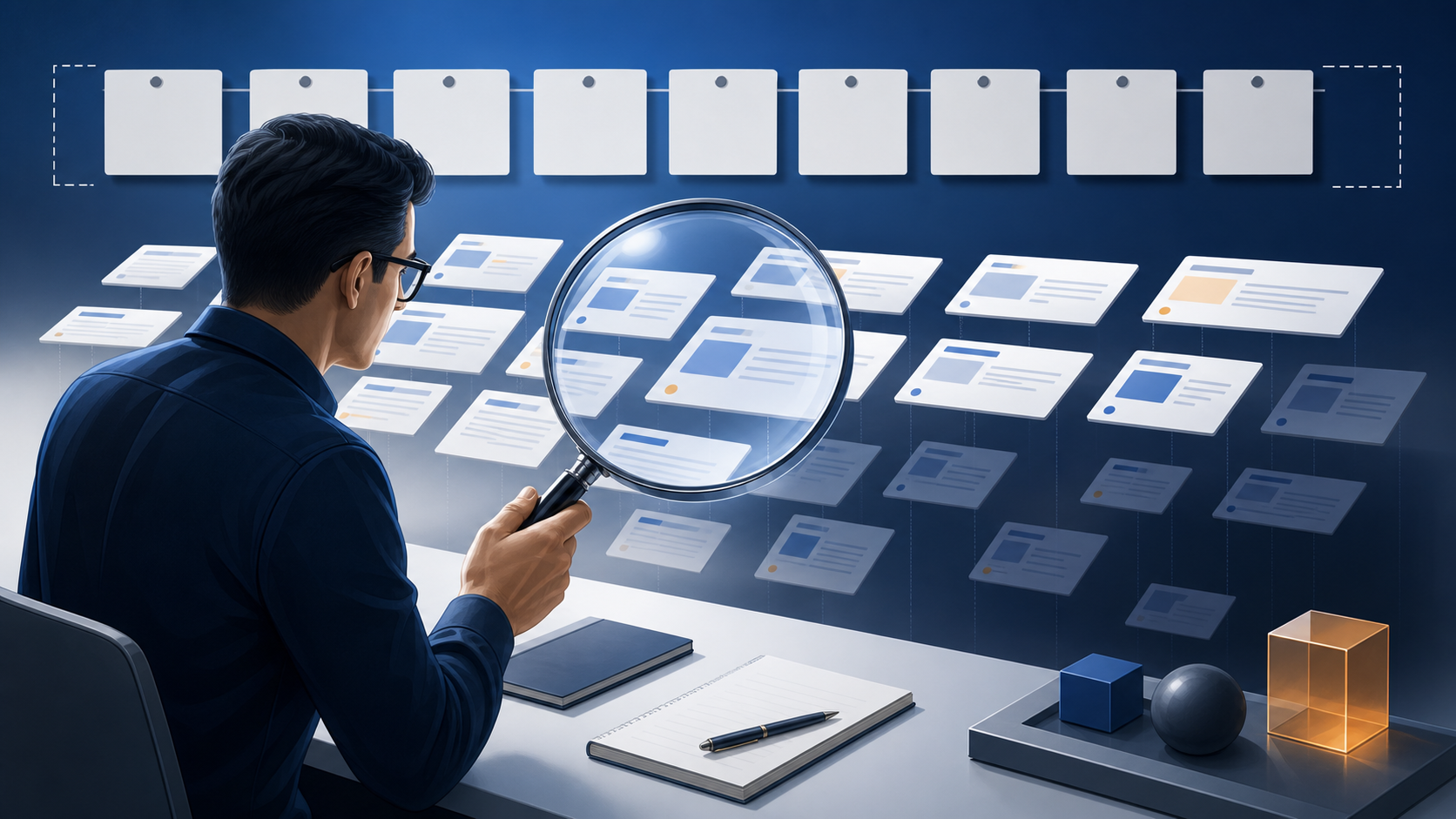 An analyst uses a magnifying lens to inspect generic web page cards beside a row of blank calendar tiles.