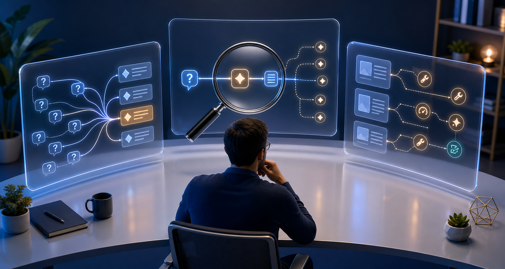 A professional compares three translucent software consoles while a magnifying lens highlights the path from a customer prompt to an answer and supporting source.