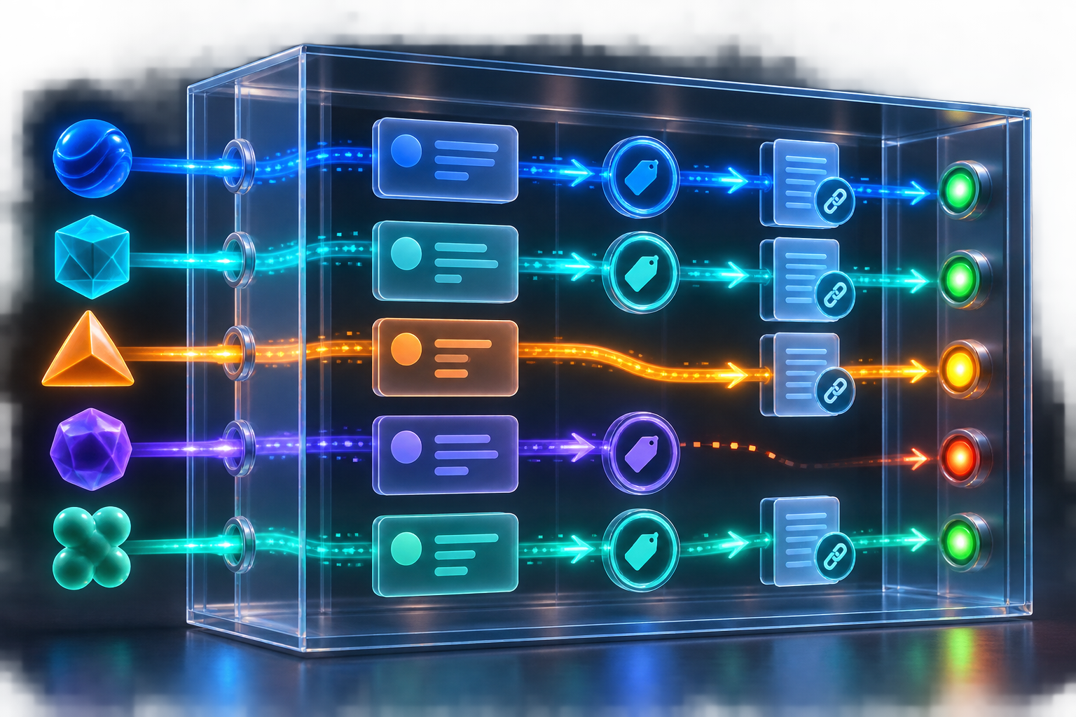 Abstract prompt tokens follow separate paths through answer panels, brand indicators, and source documents, with two paths visibly missing evidence.