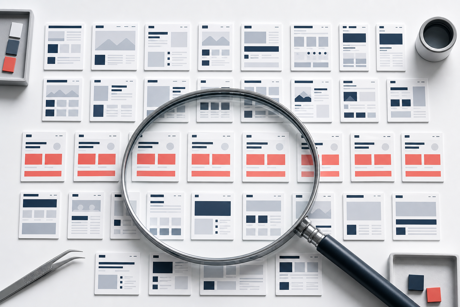 Rows of generic web page cards show the same highlighted structural defect beneath a magnifying lens.