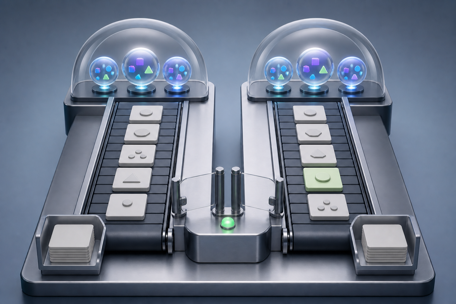 A digital test bench compares baseline and modified content in parallel lanes as identical answer-engine orbs produce observable mention and citation signals.