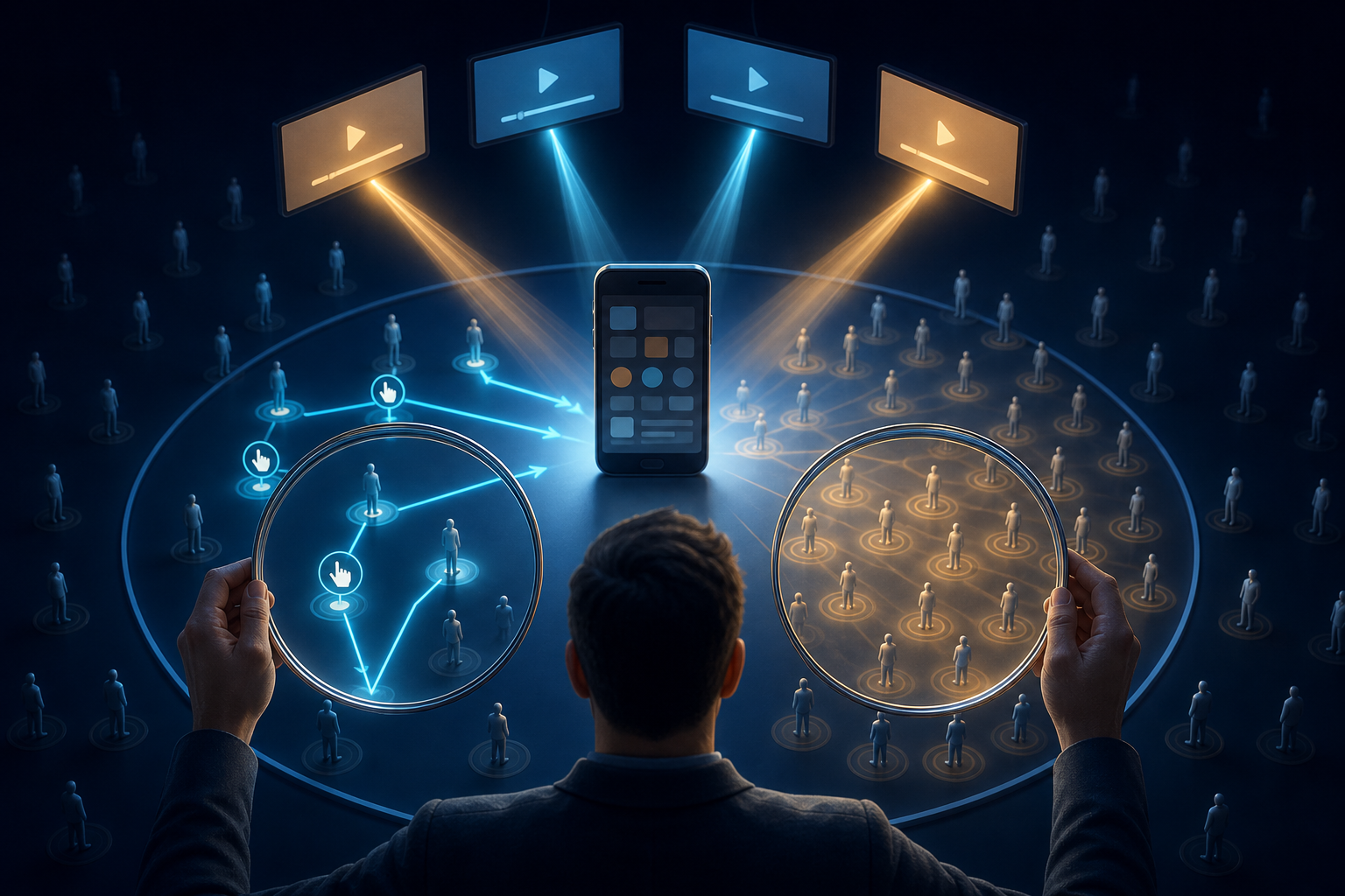 An analyst uses two transparent lenses to compare traced ad conversion paths with a wider field of mobile app users.