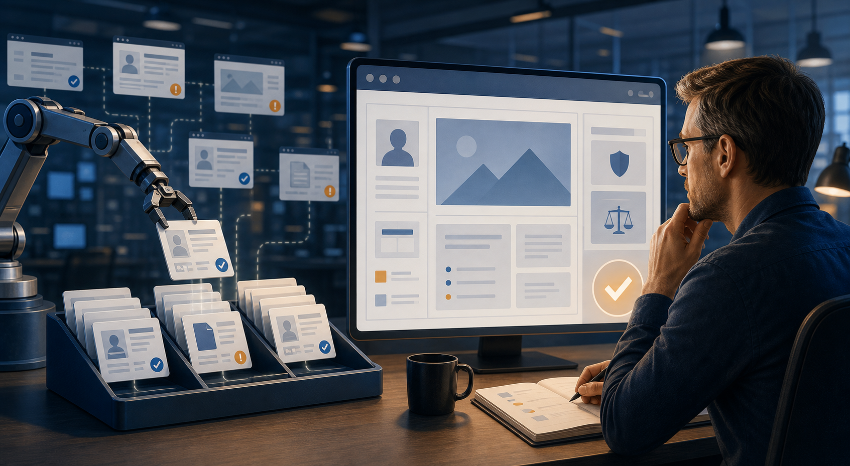 A reviewer examines abstract website evidence cards gathered by an automated auditing system on a large screen.