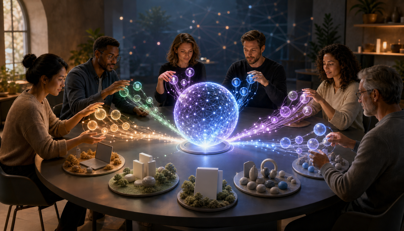 Cross-functional professionals guide multiple glowing information streams into a shared central knowledge sphere around a circular table.
