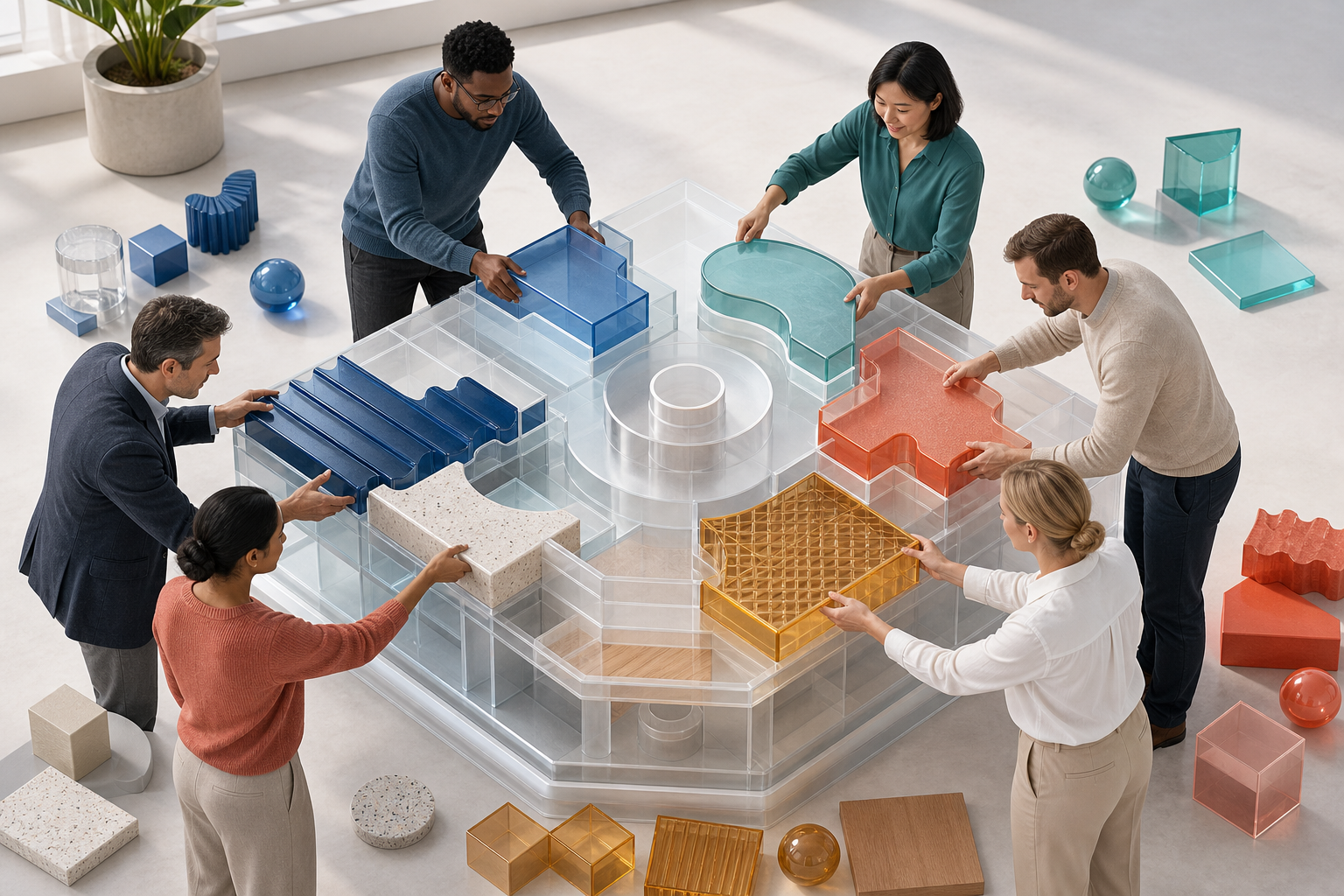 Six colleagues assemble colored interlocking components into one translucent shared structure in a bright workspace.