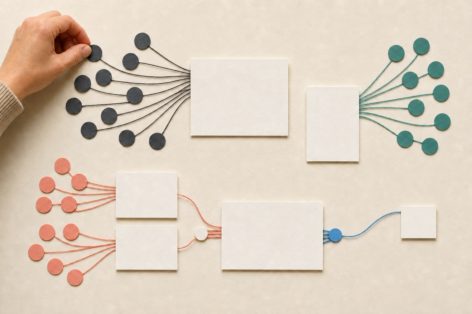 A hand organizes colored search-intent tokens and connecting threads across blank page cards, including clusters that converge, merge, or redirect.
