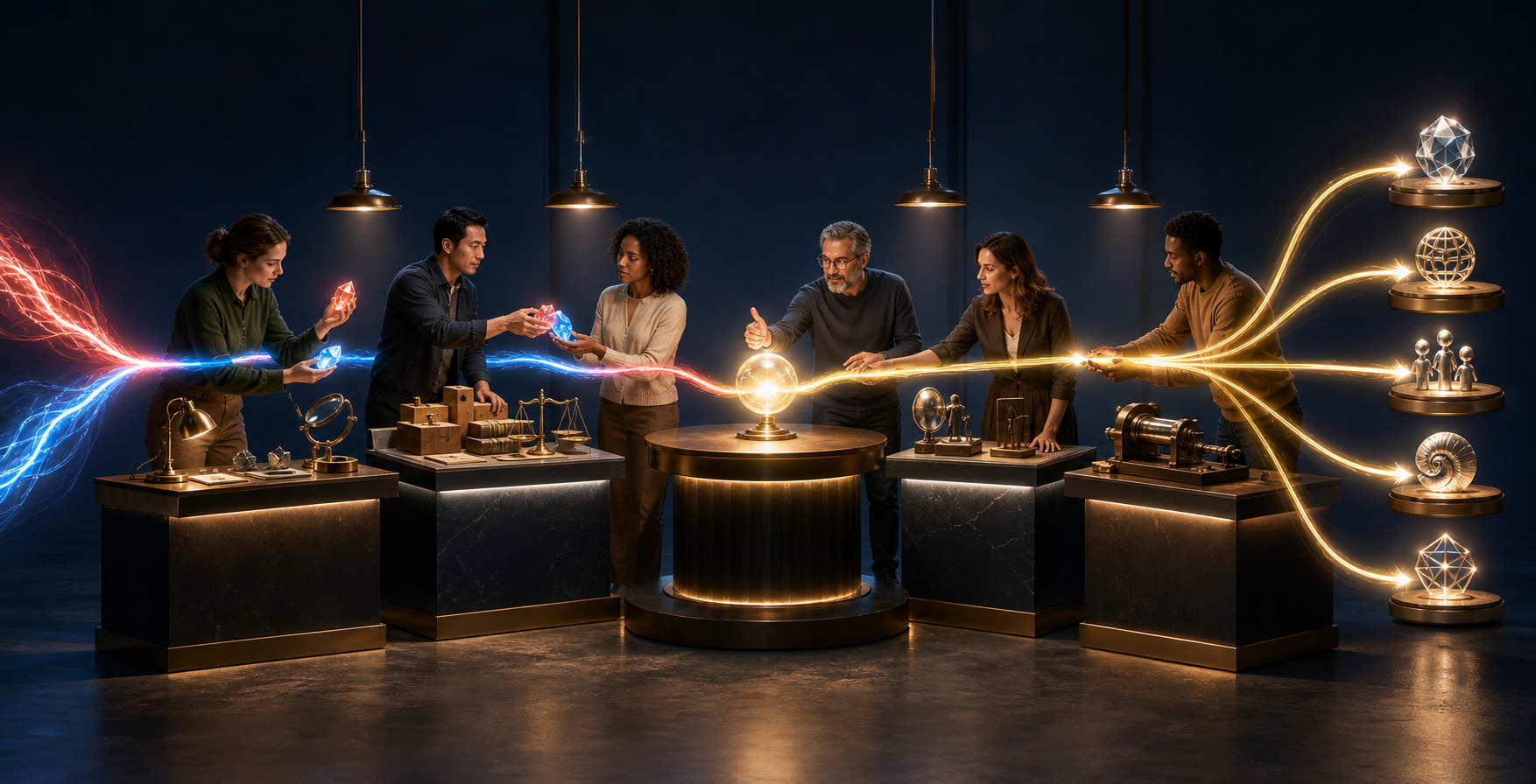 A conflicting two-color signal moves through staffed decision stations and emerges as synchronized light paths leading to several public channels.