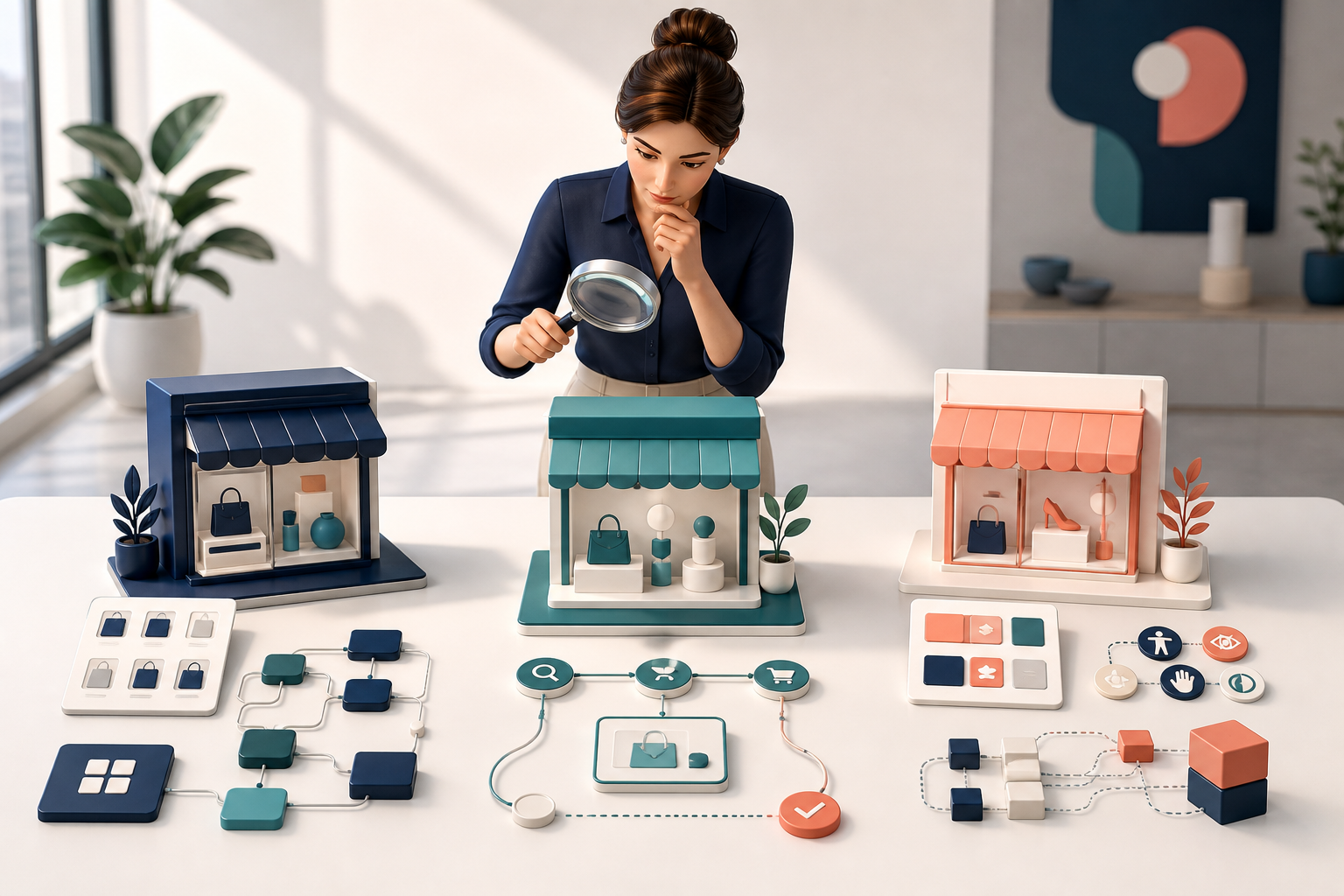 A decision-maker compares three miniature online storefront prototypes and inspects one shopping journey with a magnifying lens.