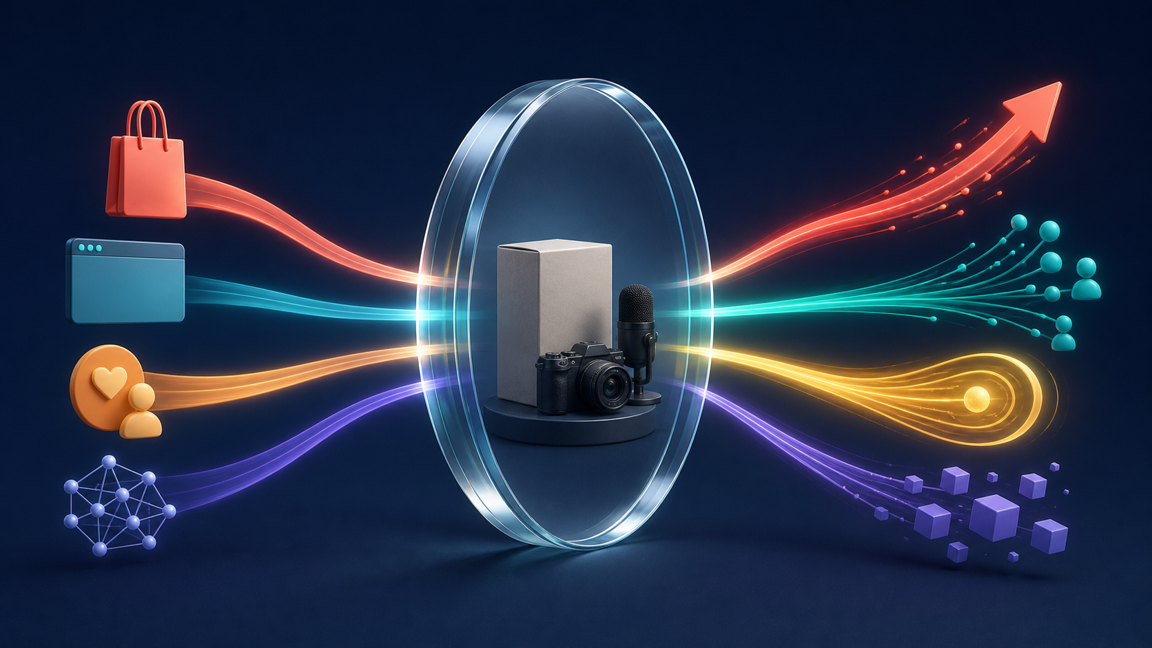 A glass lens separates signals from creator reviews, shopping, social media, search, and AI into distinct measurement paths.