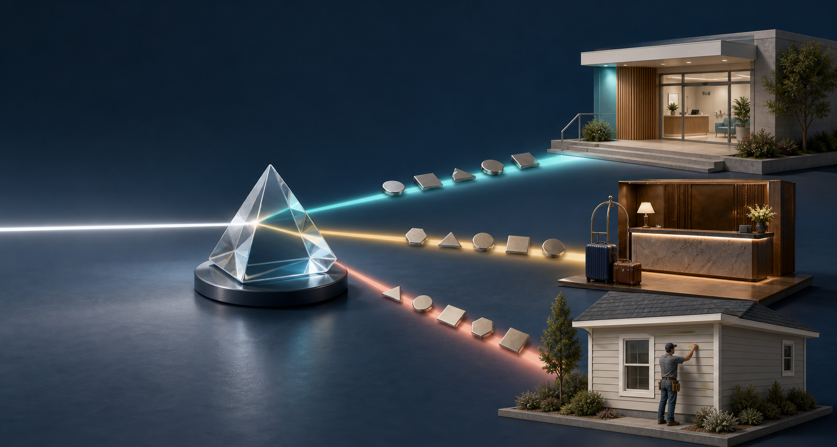 A glass prism divides one beam into paths leading to a clinic, a hotel reception, and a residential property project.