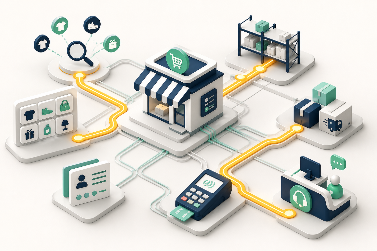 An isometric online storefront connects to catalog, inventory, payments, shipping, customer accounts, search, and support systems.