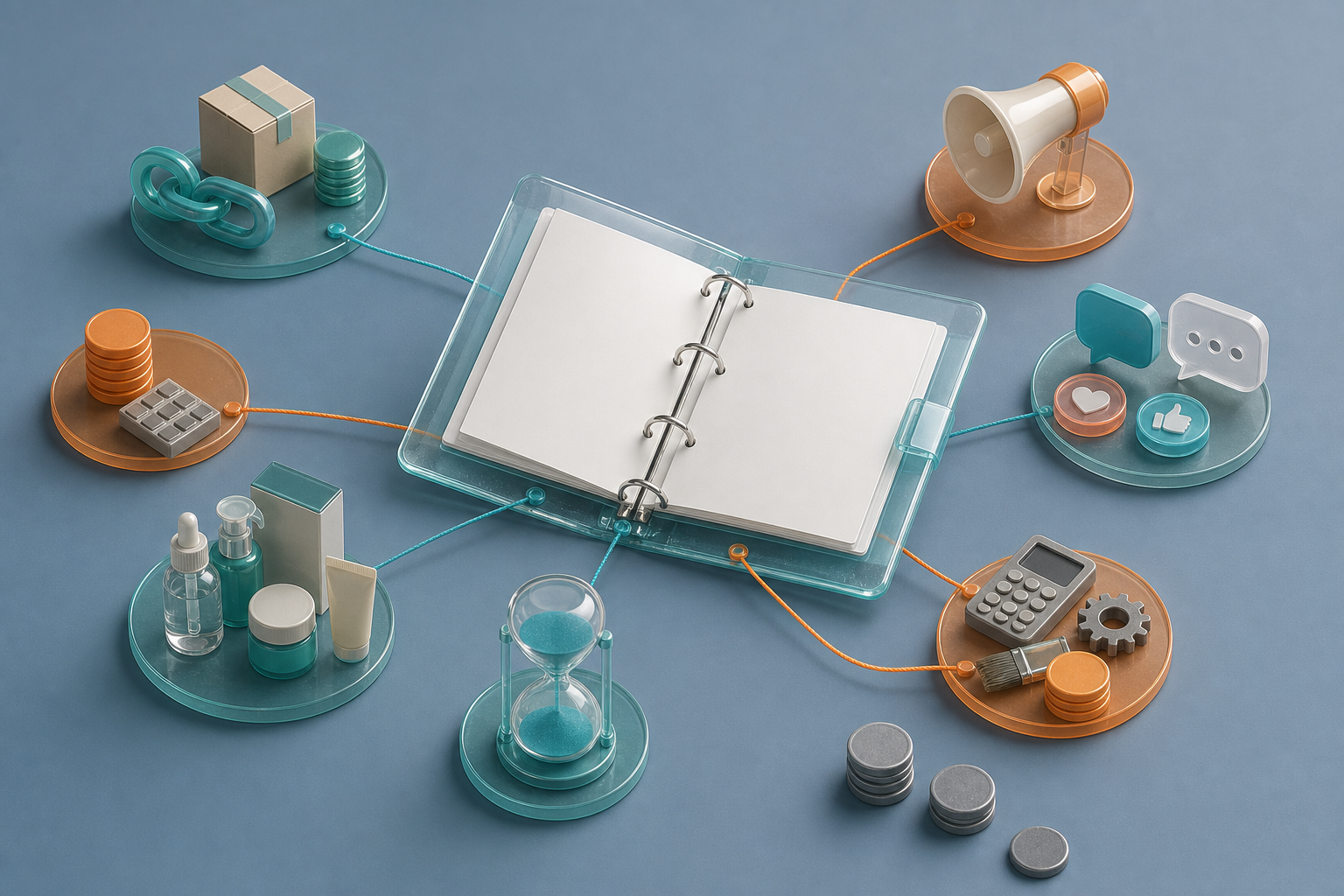 Objects representing sales, public relations, social media, samples, production, and staff time connect to one central ledger.