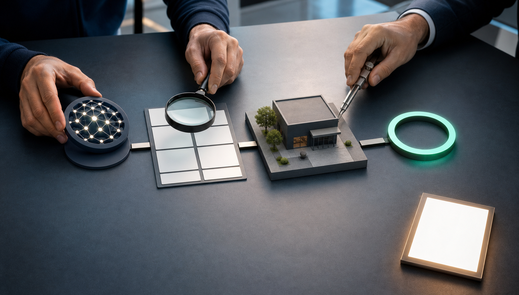 Analysts inspect a chain of source cards and business outcome models while an isolated glowing screen tile sits to one side.