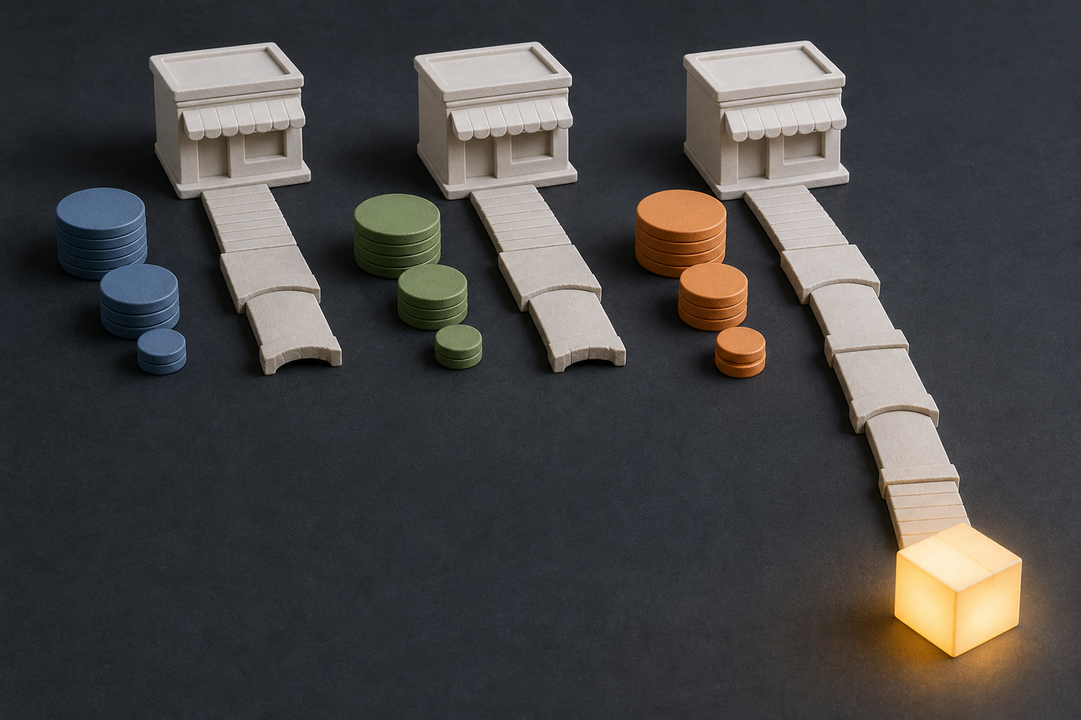 Three storefront models are evaluated with colored priority tokens, while only one has a complete path to a checkout parcel.