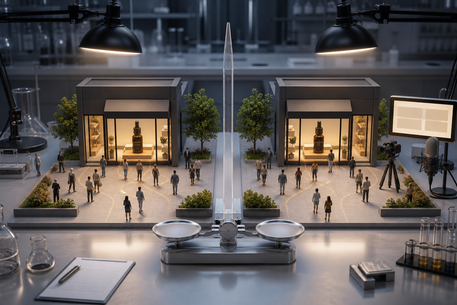 Two matched miniature retail environments are compared, with a creator review setup present in only one of them.