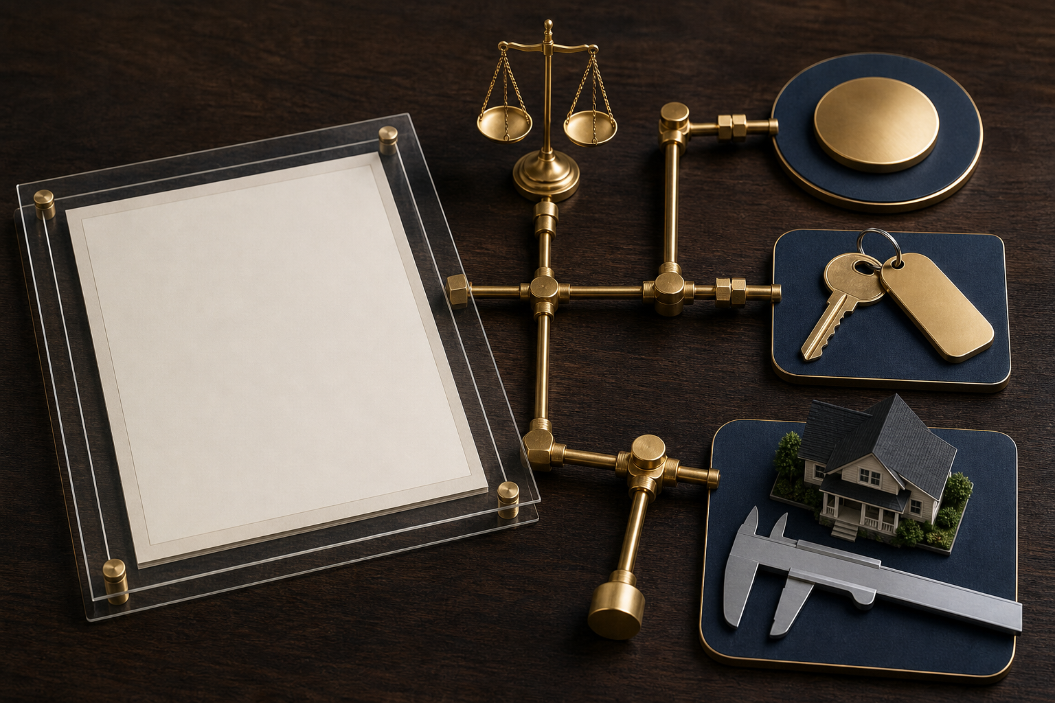 A blank contract is physically connected by brass components to models representing a clinic visit, a hotel stay, and a home estimate.