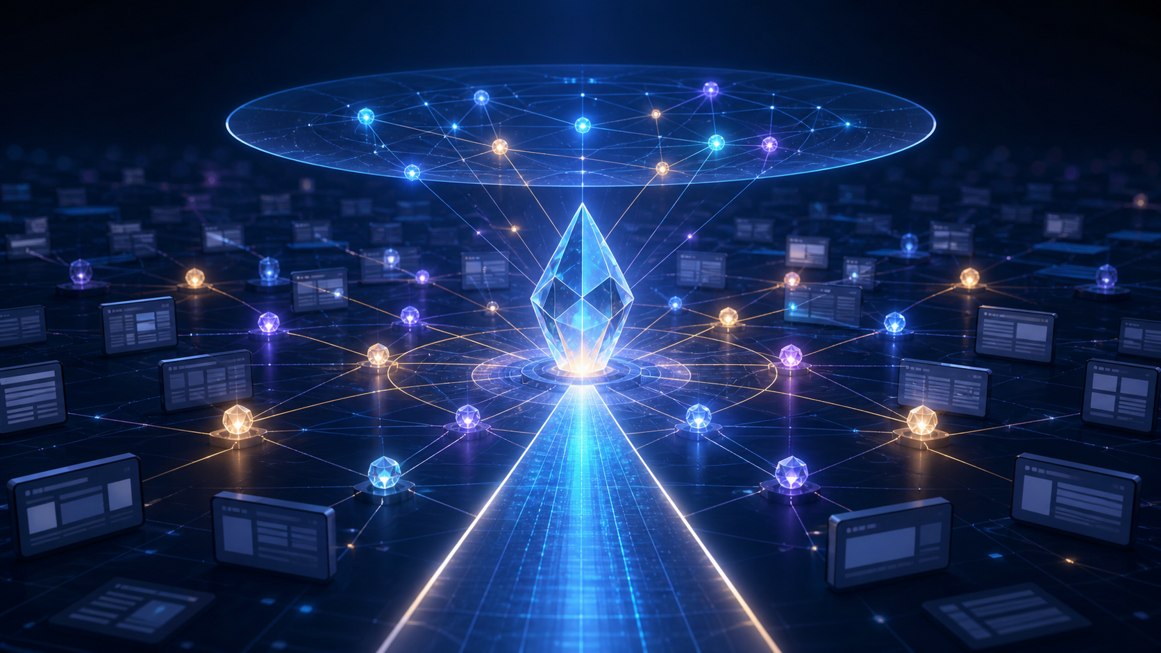 A faceted glass beacon connected to many glowing evidence nodes beneath a translucent decision layer in a dark digital landscape.