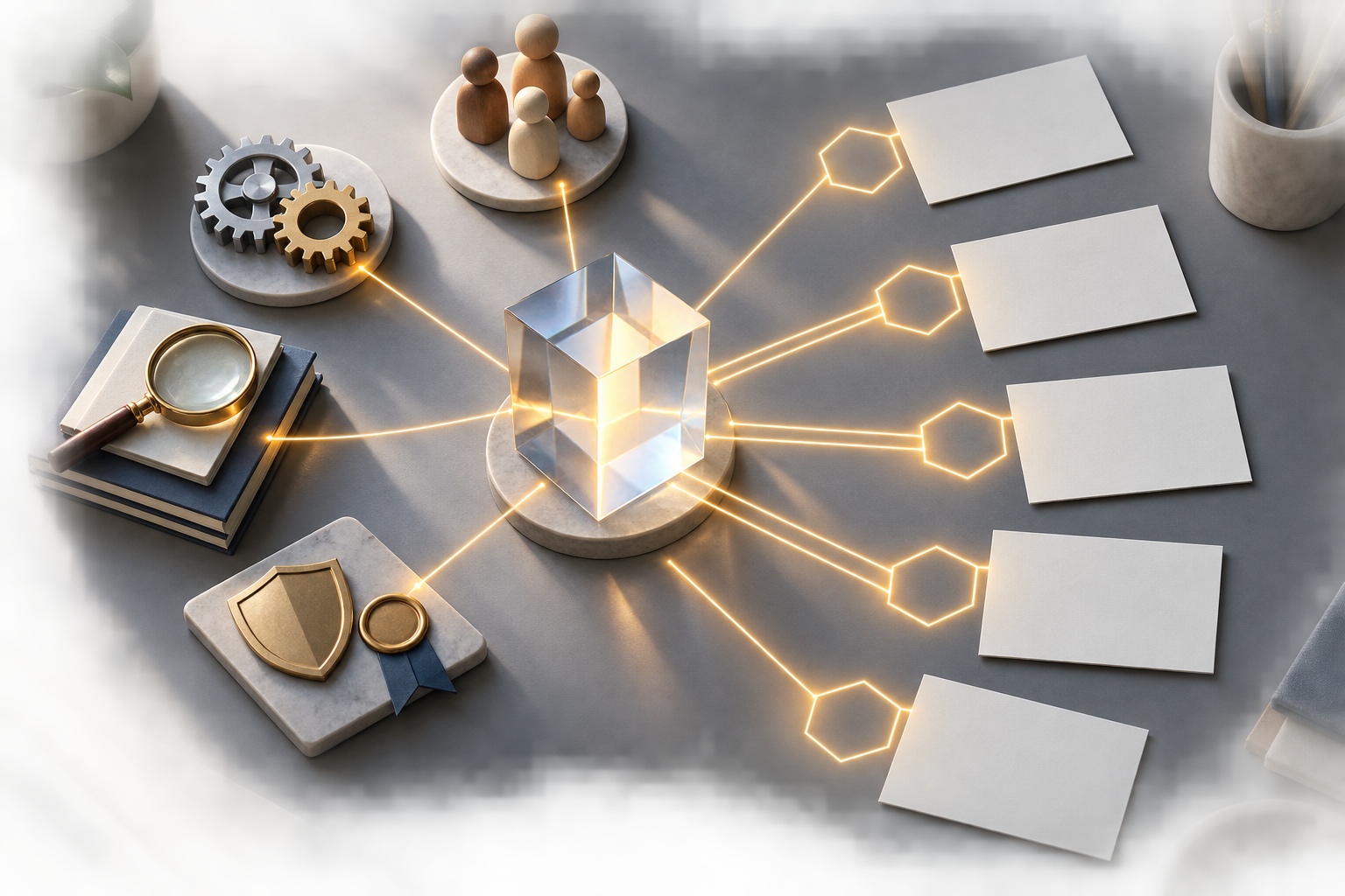 A translucent prism on a drafting table connects symbolic objects to matching shapes on several blank cards.