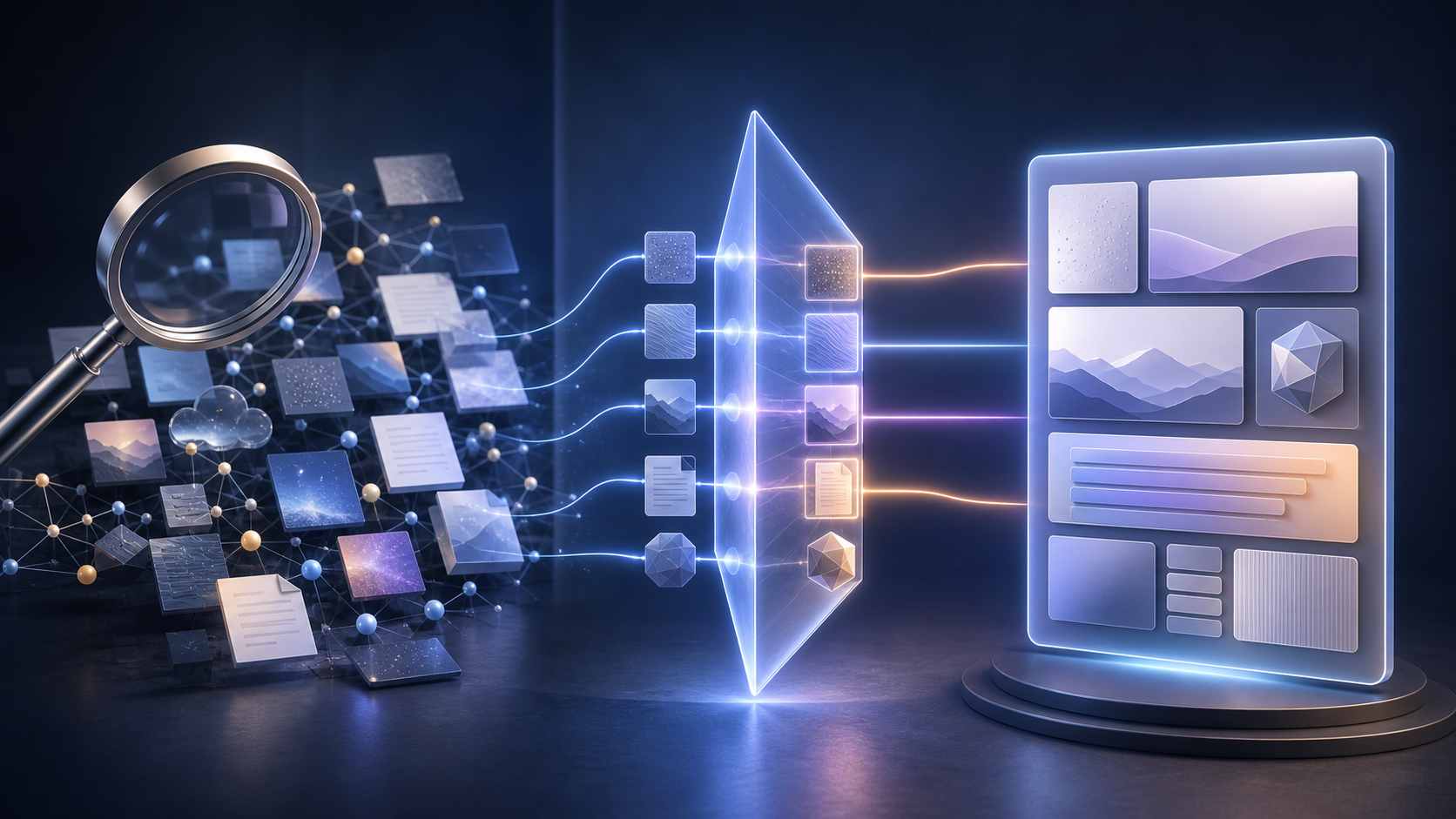 A magnifying-glass form, web-content modules, and a glowing routing prism lead into an assembled answer panel.
