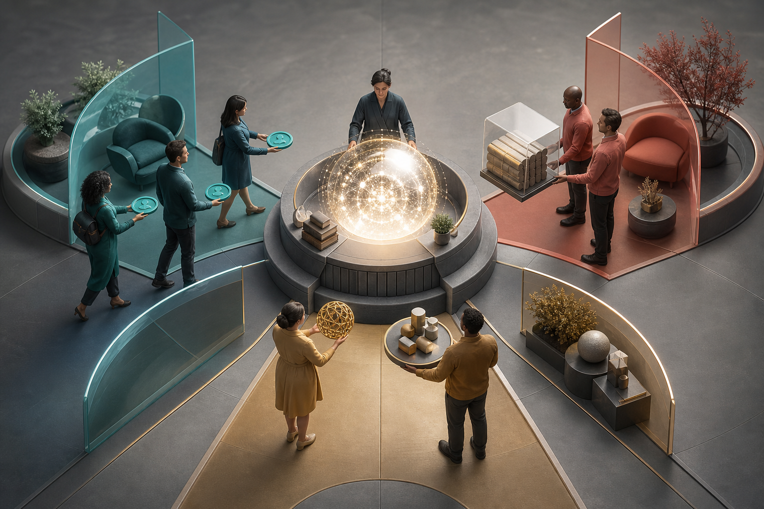 A central publishing studio connects along separate paths to readers, business buyers, and marketers, who exchange access tokens, an archive case, and sponsored products.