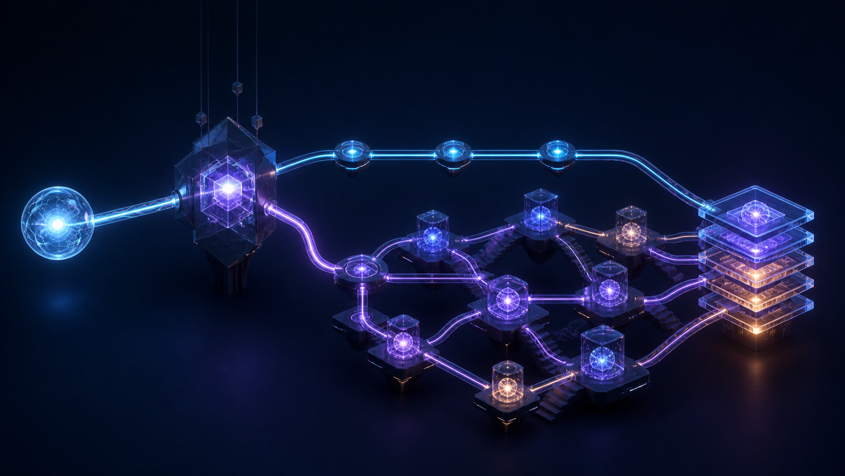 A glowing input reaches a routing hub, dividing into a short path and a denser branching path before forming a response.