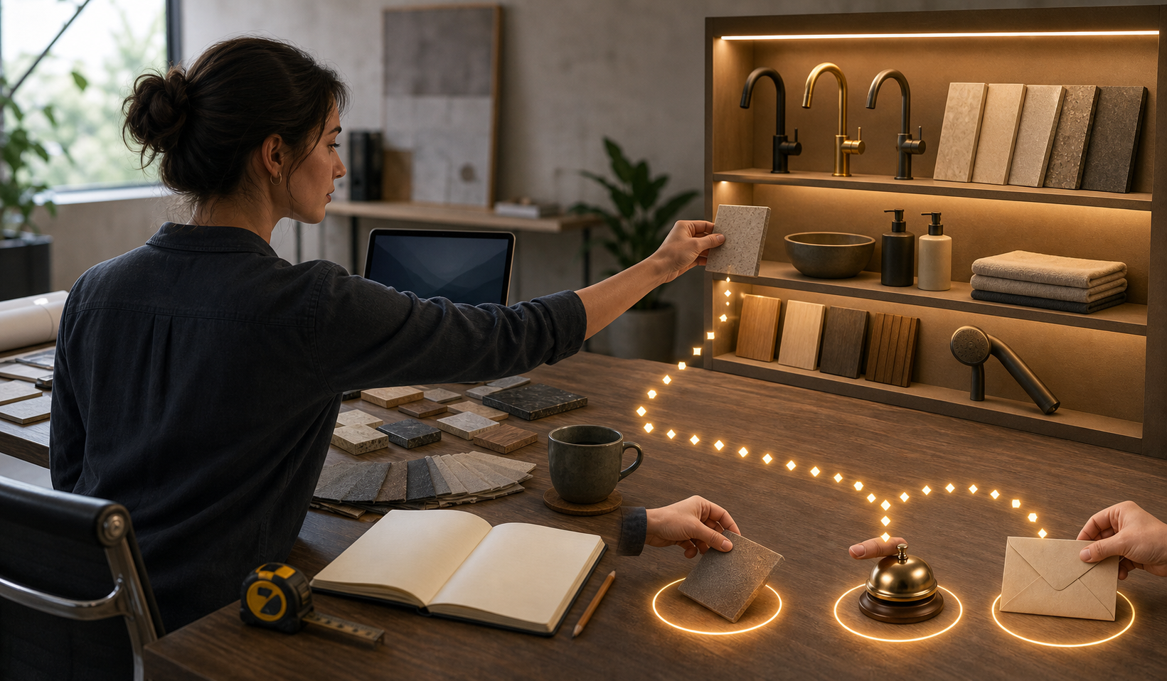 A person researches a hands-on project beside a separate relevant product display, with illuminated markers leading to a selected item, an appointment bell, and an inquiry envelope.