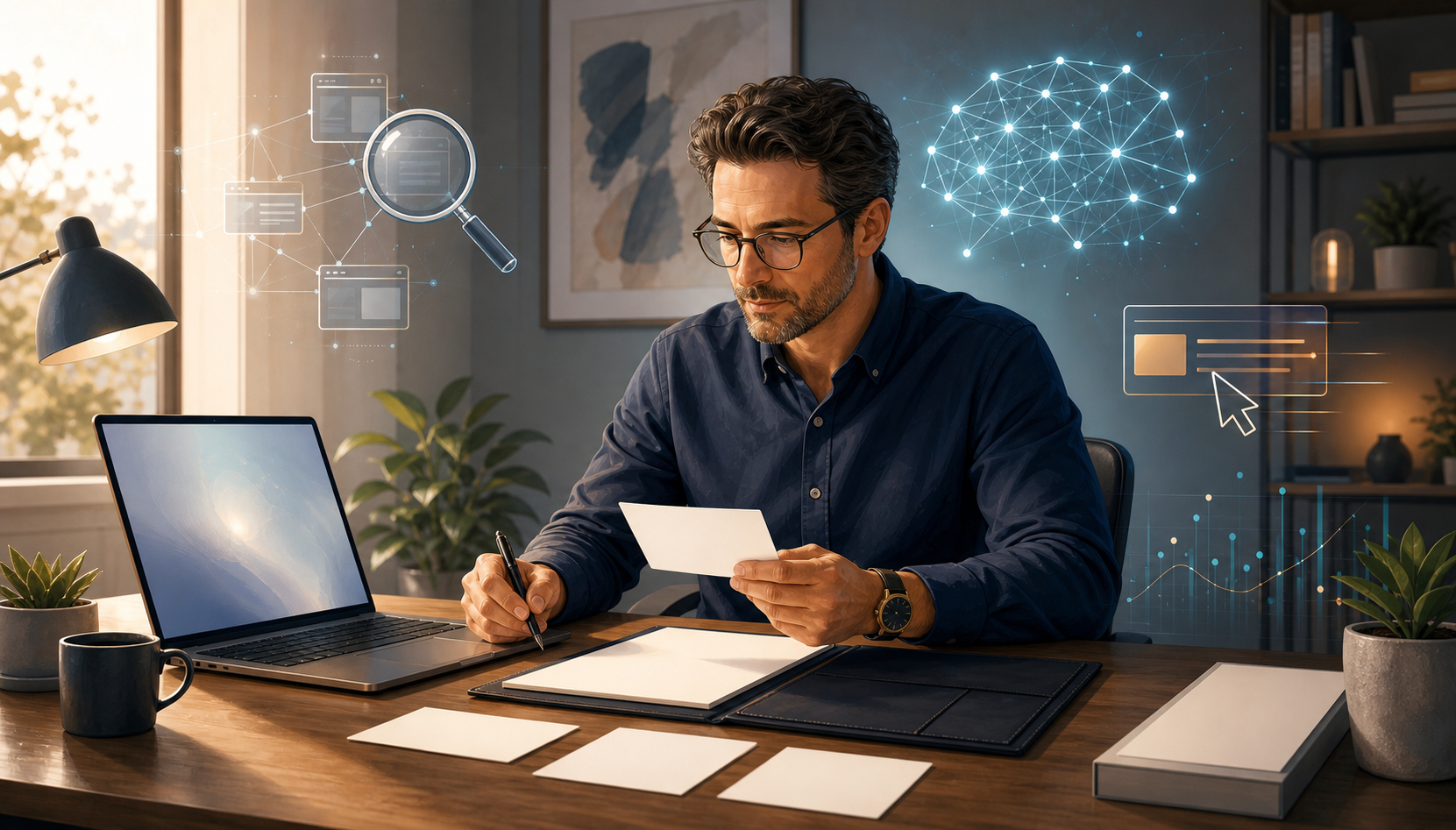 An experienced digital marketer organizes a portfolio and blank pitch cards at a desk surrounded by abstract search, AI, advertising, and analytics motifs.